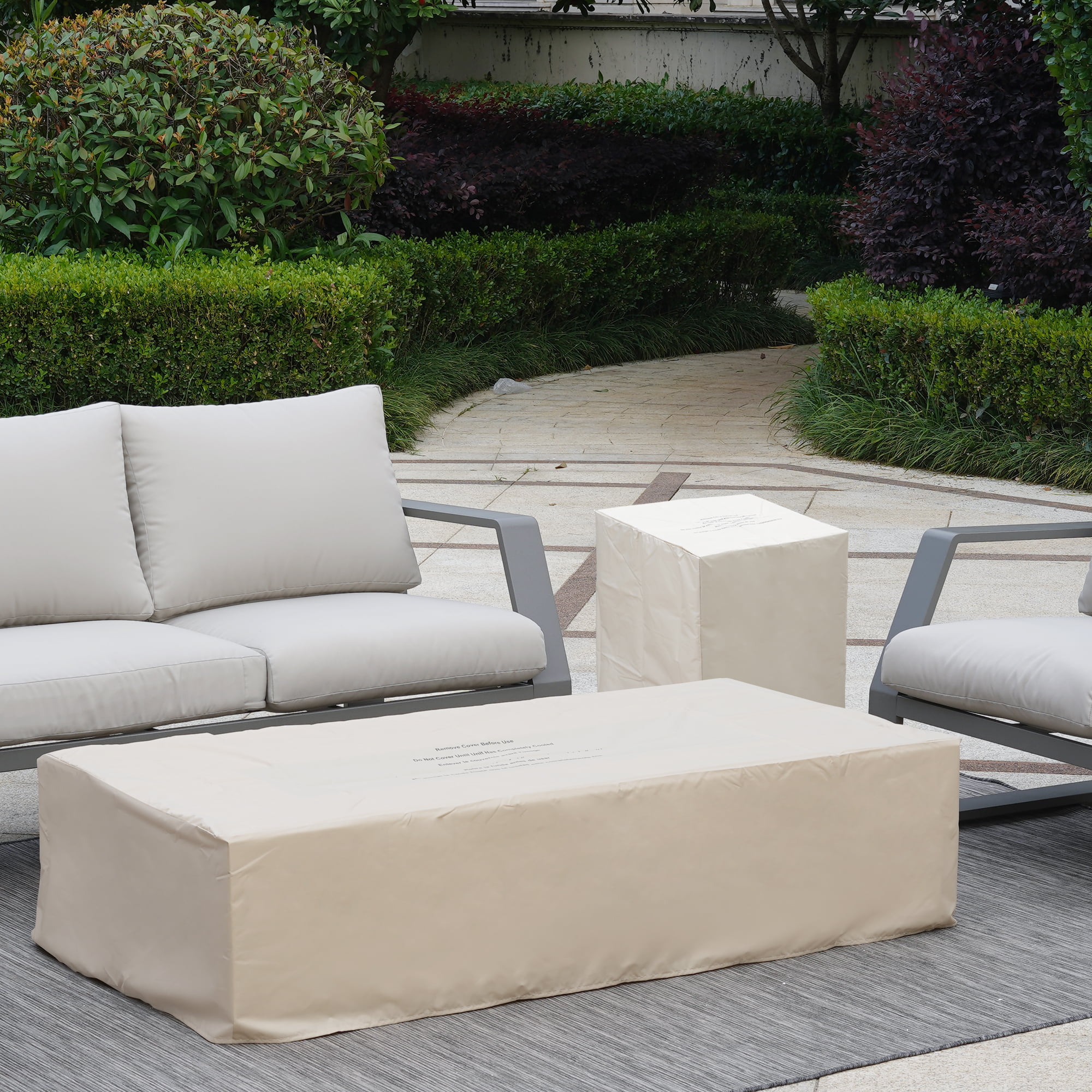 56 inch Concrete Propane Fire Pit Table, 50,000 BTU Outdoor Firepit Rectangular Table with Propane Tank Metal Stand, Fire Glass Beads and Waterproof Cover, White-Aldronix