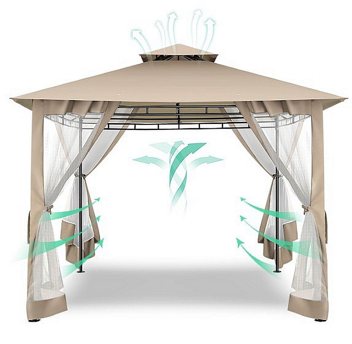 10'x 13' Metal Patio Gazebo, Outdoor Gazebo Canopy Tent for Backyard with Mosquito Netting, Gazebos Shelter with Steel Frame, Patio Covers for Sun and Rain, Brown-Aldronix