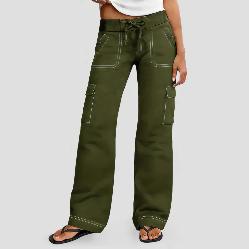 Women's Wide Leg Cargo Pants - Stretchy Waist Casual Workwear with Contrast Stitching-Aldronix