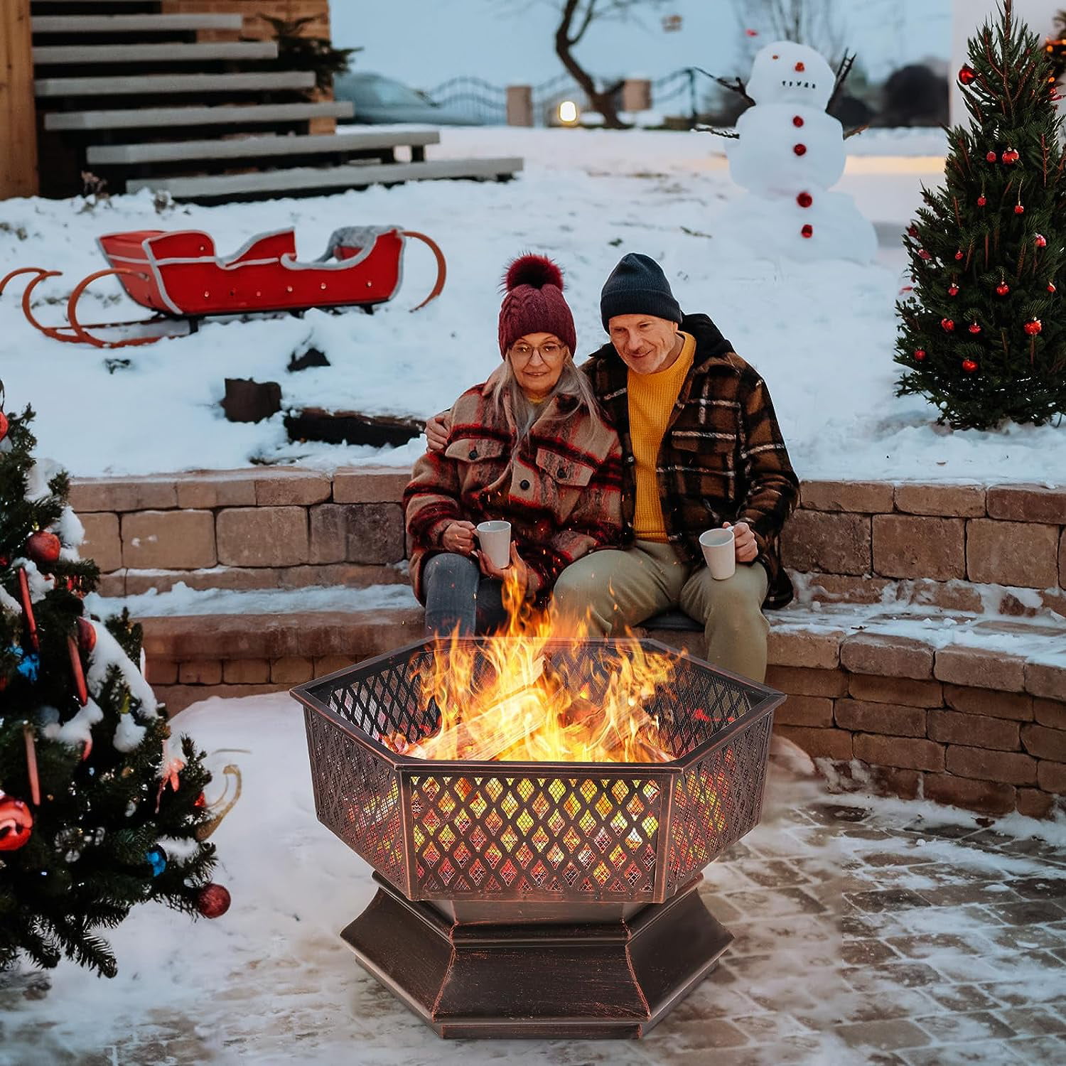 30'' Hex Shaped Steel Fire Pit for Outside, Wood Burning Fireplace Fire Bowl with Spark Screen & Fire Poker for Patio, Backyard, Camping-Aldronix