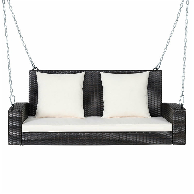 2-Person Outdoor Wicker Hanging Porch Swing Bench with 3 Cushions-Aldronix