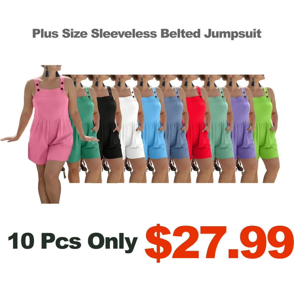 Plus Size Sleeveless Belted Jumpsuit-Aldronix