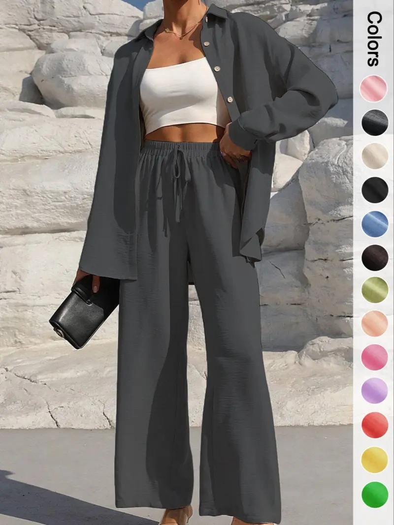 (SALE: 8 Sets➡️$54.99)Women's Solid Button Front Shirt & Tie Front Wide Leg Pants Two-piece Set-Aldronix