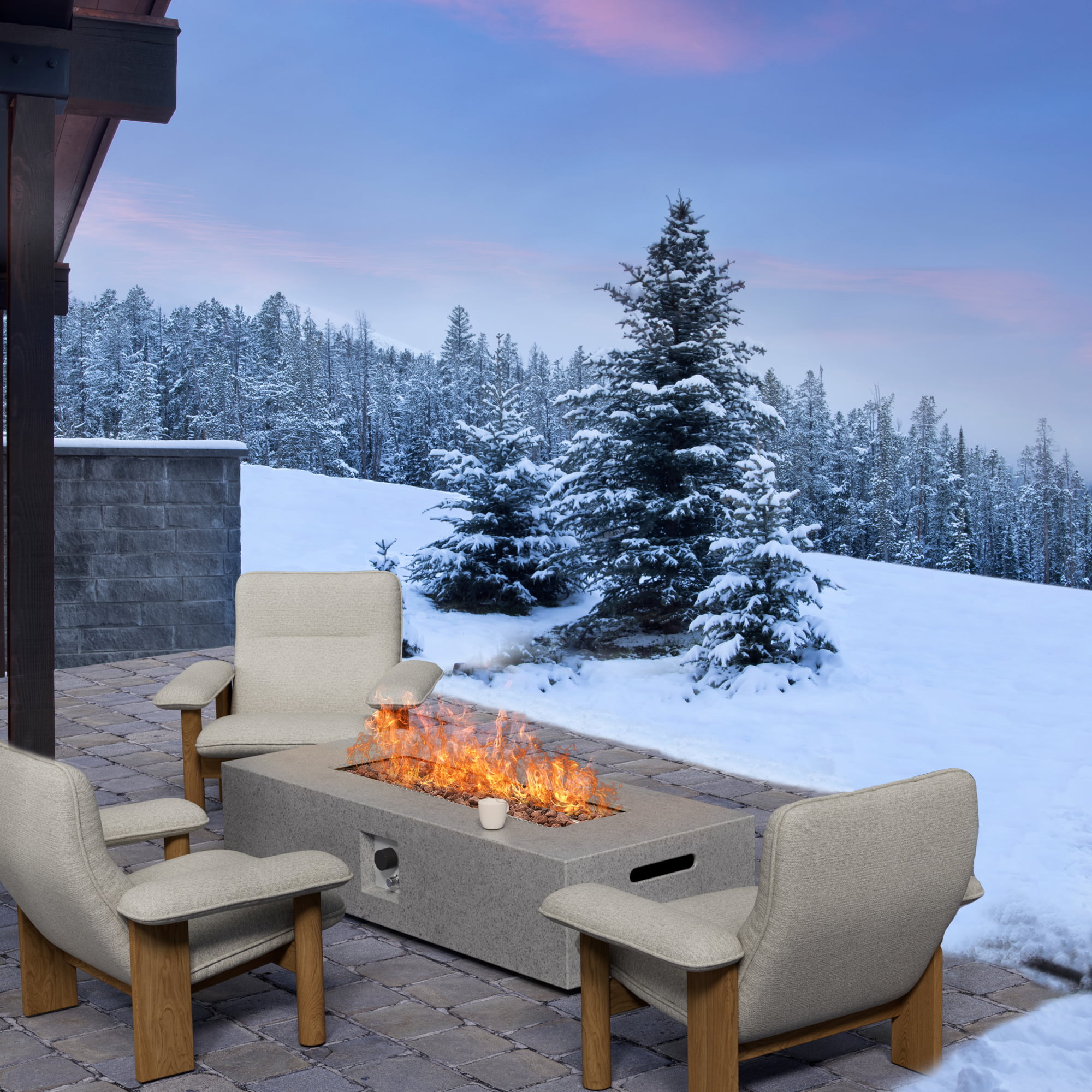 56 inch Concrete Propane Fire Pit Table, 50,000 BTU Outdoor Firepit Rectangular Table with Propane Tank Metal Stand, Fire Glass Beads and Waterproof Cover, White-Aldronix
