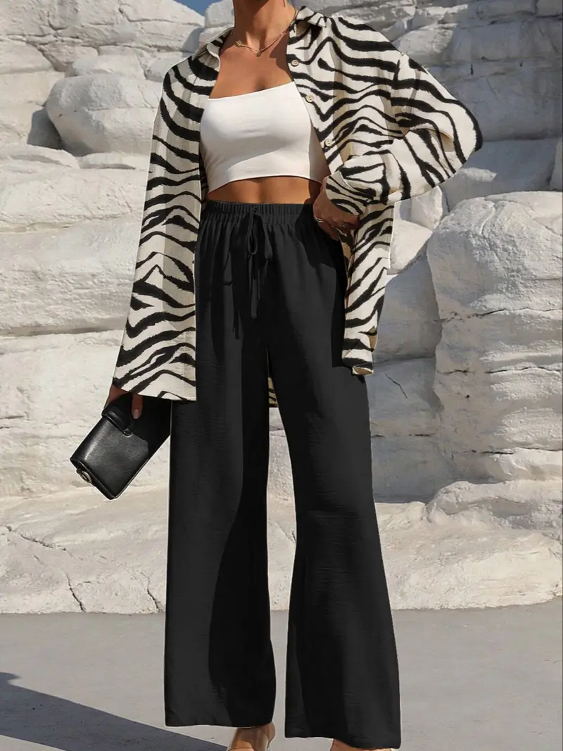 (SALE: 8 Sets➡️$54.99)Women's Solid Button Front Shirt & Tie Front Wide Leg Pants Two-piece Set-Aldronix