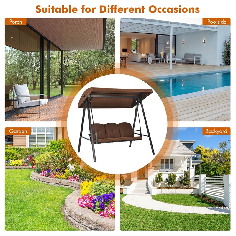 3-Seat Outdoor Porch Swing with Adjustable Tilt Canopy & Removable Cushions-Aldronix