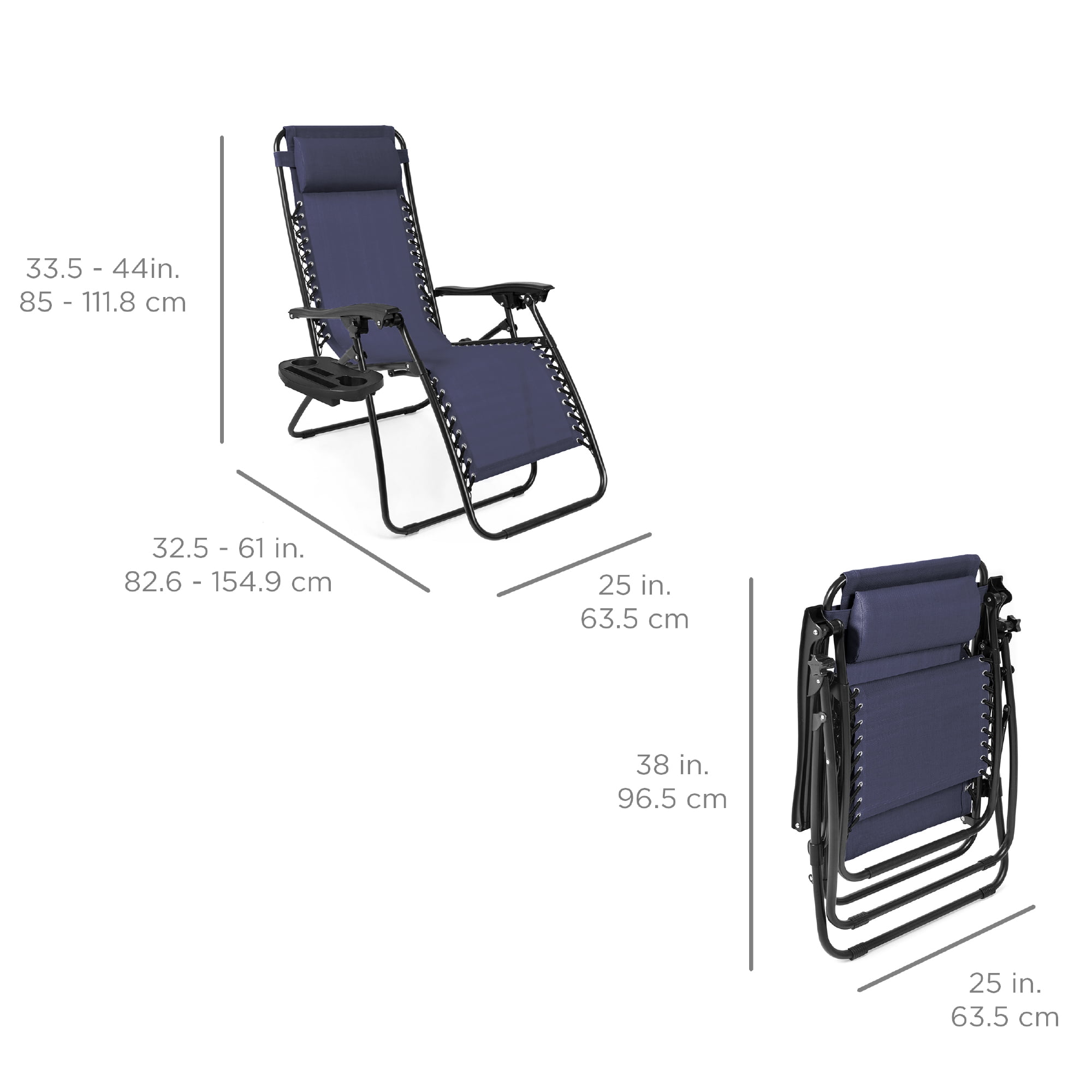 Set of 2 Zero Gravity Lounge Chair Recliners for Patio, Pool w/ Cup Holder Tray - Navy Blue-Aldronix