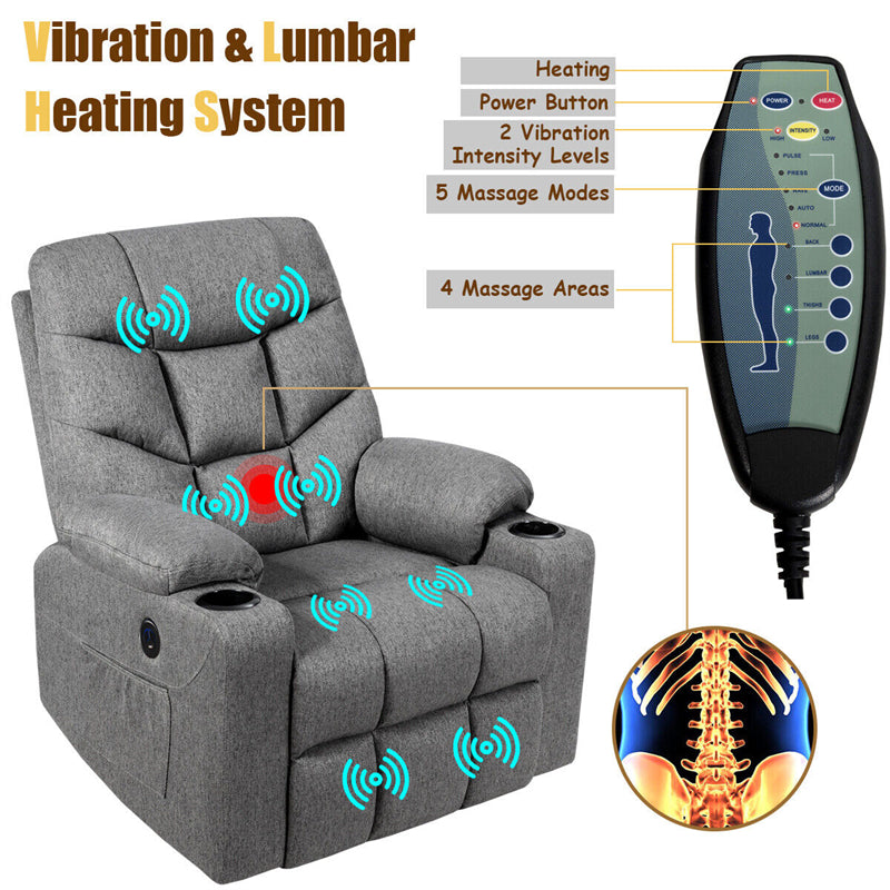 Power Lift Recliner Chair Fabric Electric Massage Reclining Sofa Elderly Lift Chair with 8 Point Massage Lumbar Heat USB Charge Port-Aldronix