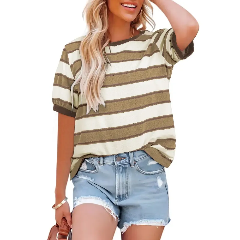 Women's Striped Color Block Short Sleeve T-Shirts - 95% Cotton + 5% Elastane Breathable Lightweight Soft Durable-Aldronix