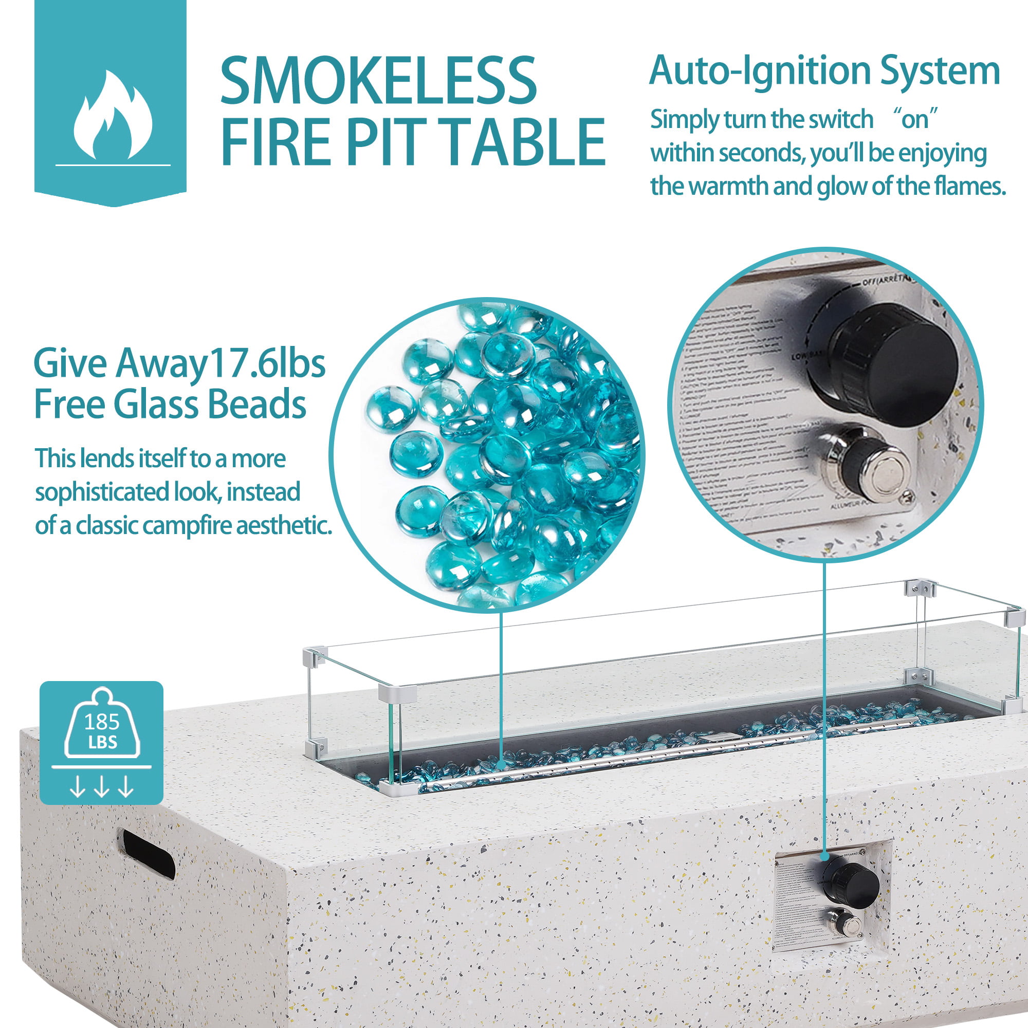 56 inch Concrete Propane Fire Pit Table, 50,000 BTU Outdoor Firepit Rectangular Table with Propane Tank Metal Stand, Fire Glass Beads and Waterproof Cover, White-Aldronix