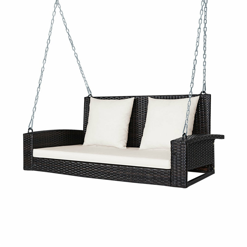 2-Person Outdoor Wicker Hanging Porch Swing Bench with 3 Cushions-Aldronix
