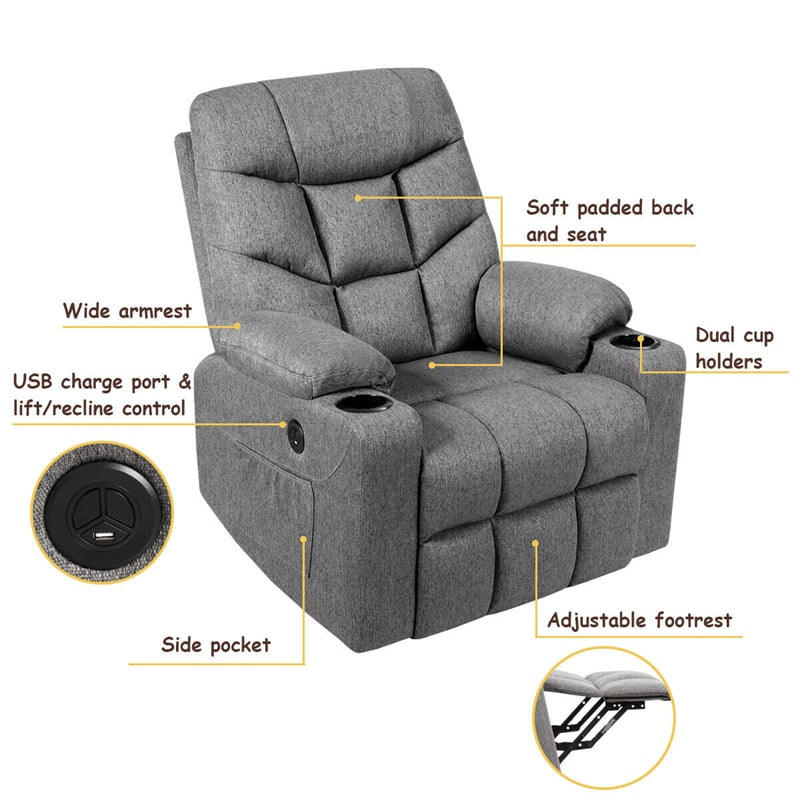 Power Lift Recliner Chair Fabric Electric Massage Reclining Sofa Elderly Lift Chair with 8 Point Massage Lumbar Heat USB Charge Port-Aldronix