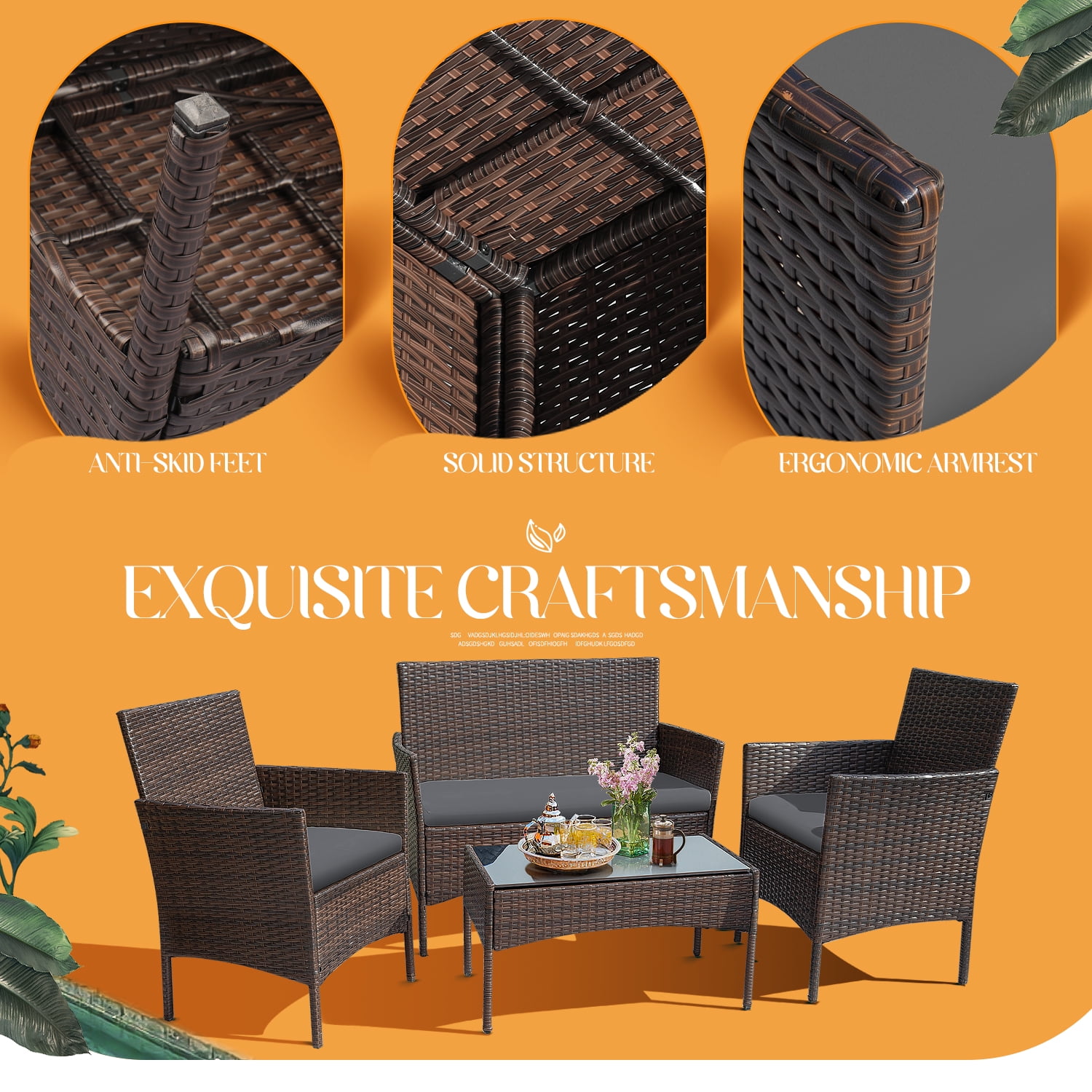 4 Pieces Patio Conversation Set Outdoor PE Rattan Wicker Chairs Set and Table, Brown-Aldronix