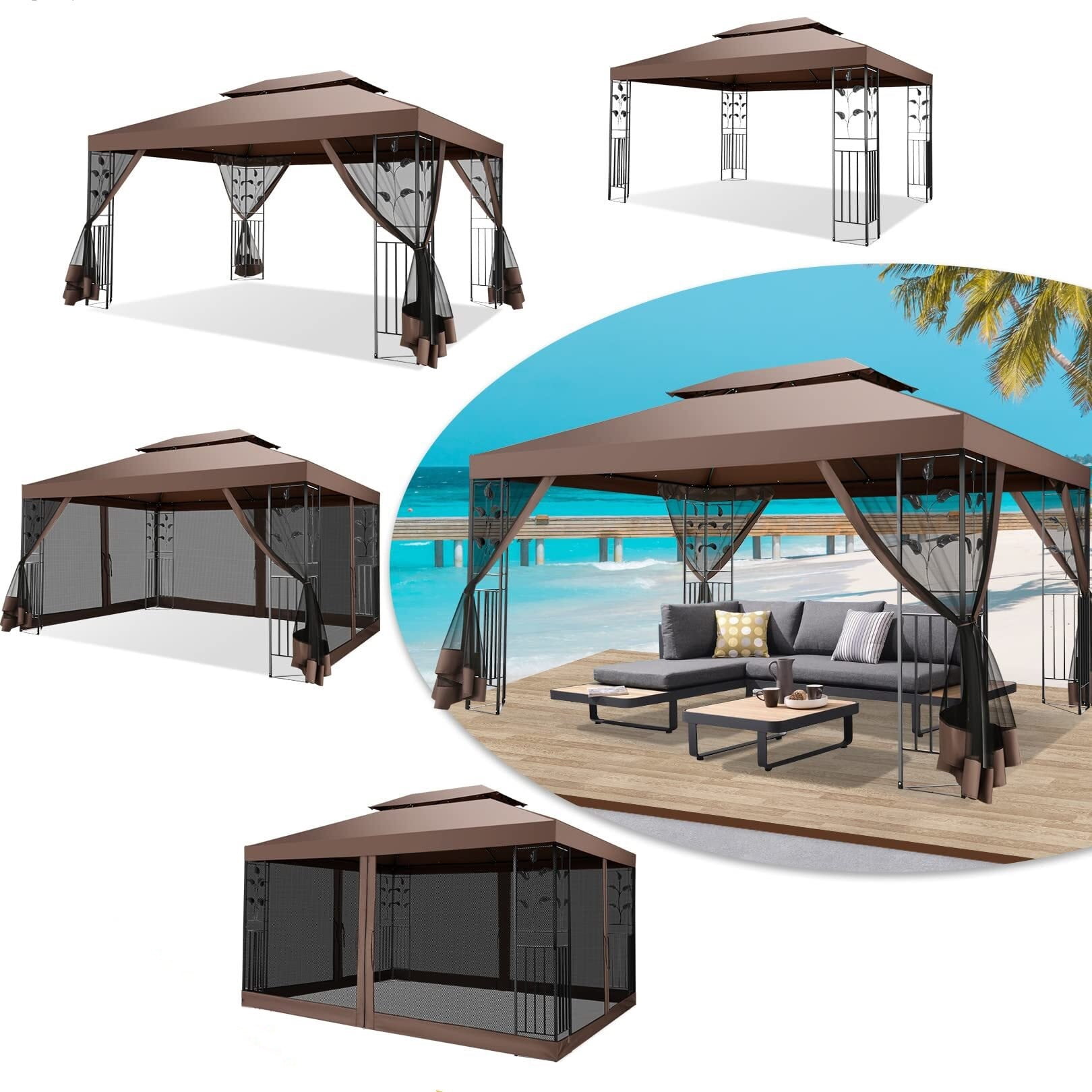10'x 13' Metal Patio Gazebo, Outdoor Gazebo Canopy Tent for Backyard with Mosquito Netting, Gazebos Shelter with Steel Frame, Patio Covers for Sun and Rain, Brown-Aldronix