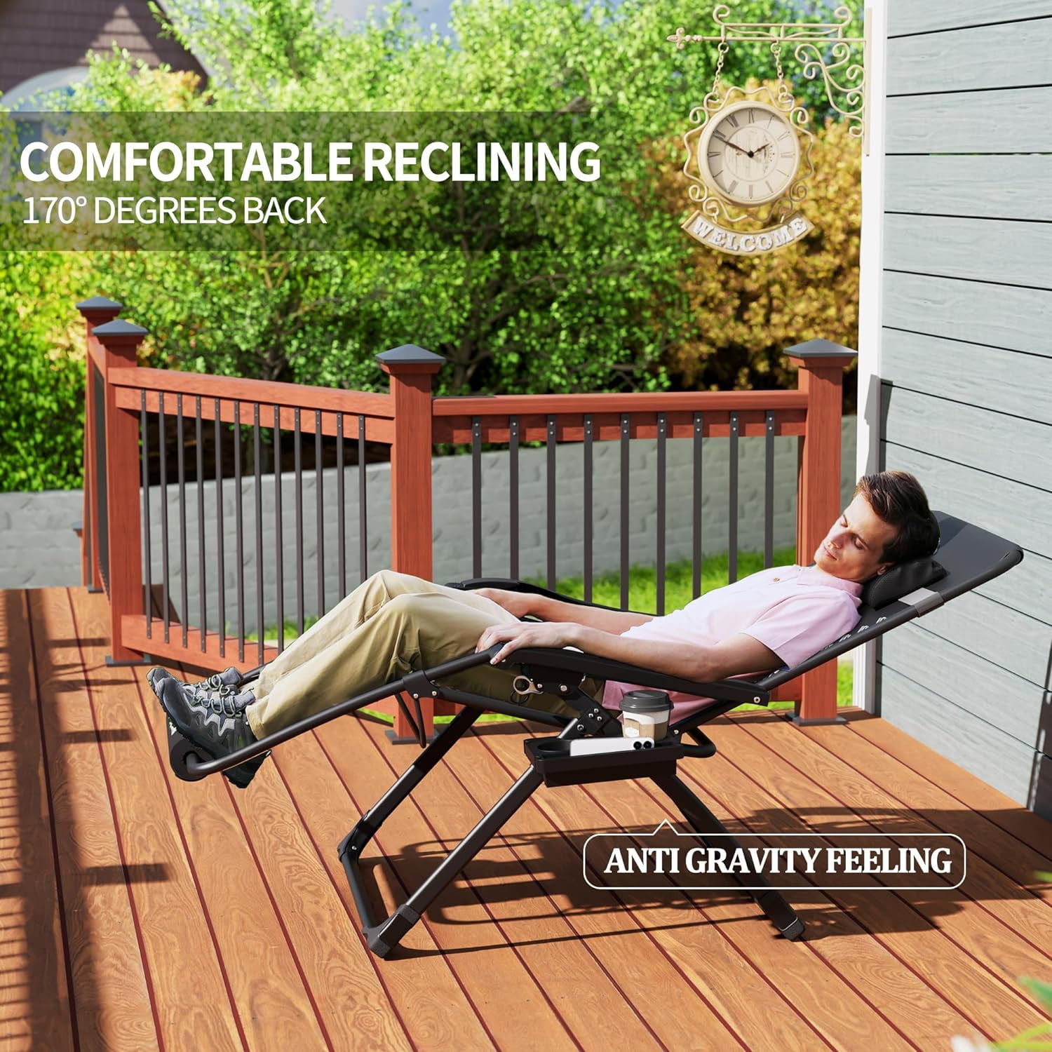 Oversized Zero Gravity Chair 33In XXL Patio Reclining Chair with Cushion, Outdoor Folding Adjustable Recliner with Cup Holder, Foot Rest & Padded Headrest, Support 500LB, Black-Aldronix