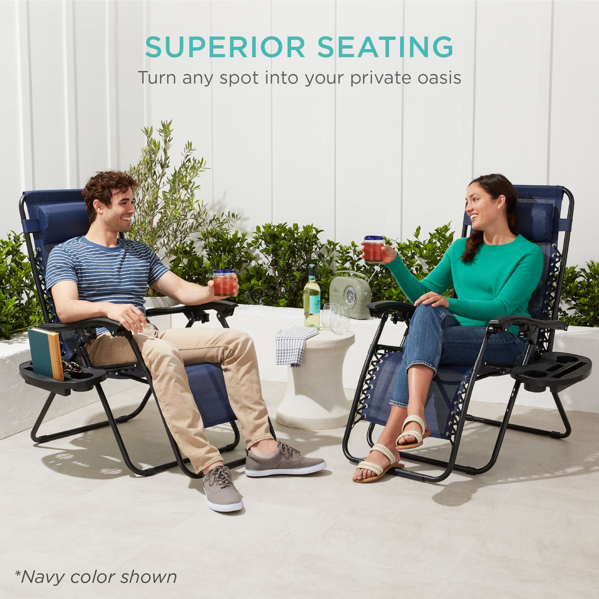 Set of 2 Zero Gravity Lounge Chair Recliners for Patio, Pool w/ Cup Holder Tray - Navy Blue-Aldronix