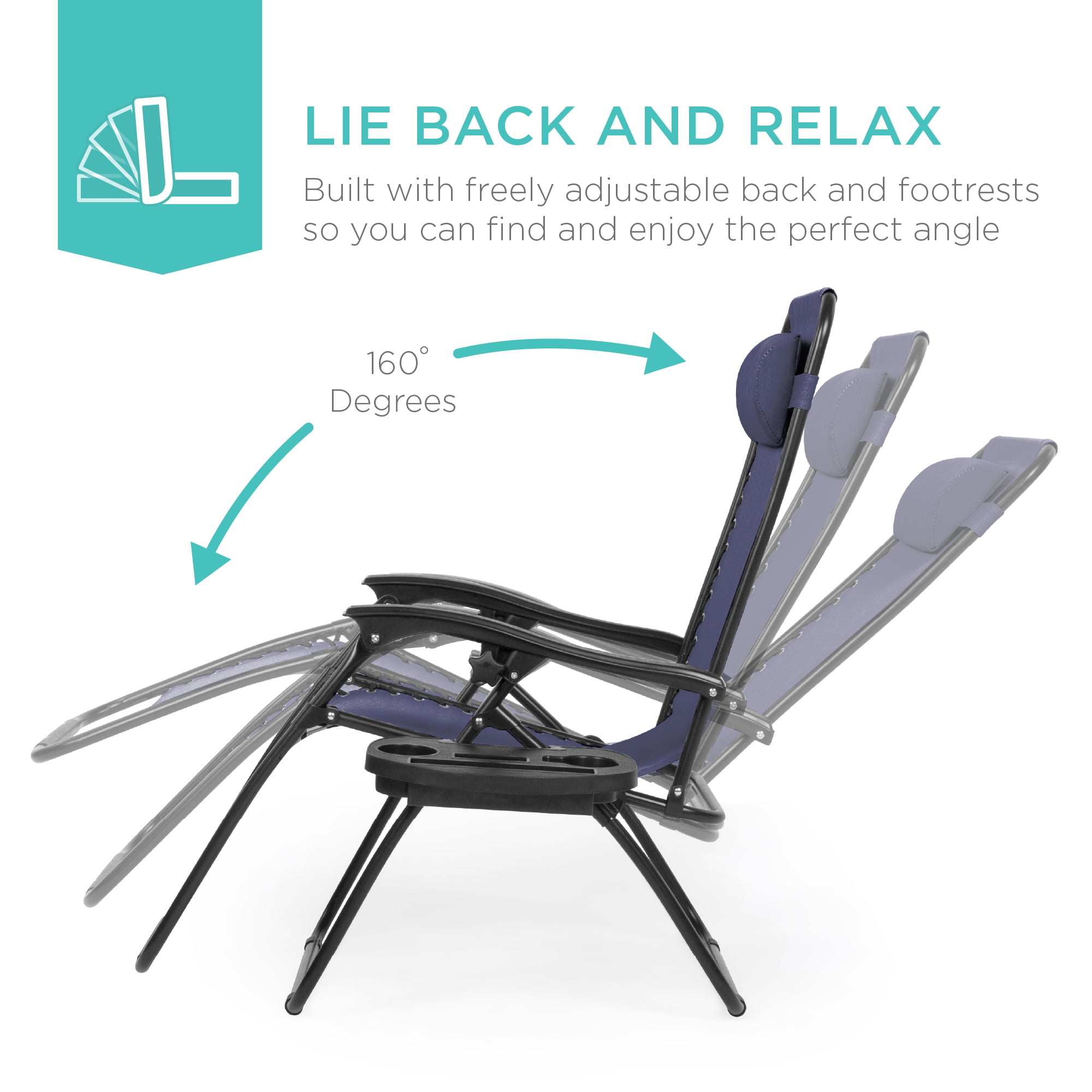 Set of 2 Zero Gravity Lounge Chair Recliners for Patio, Pool w/ Cup Holder Tray - Navy Blue-Aldronix