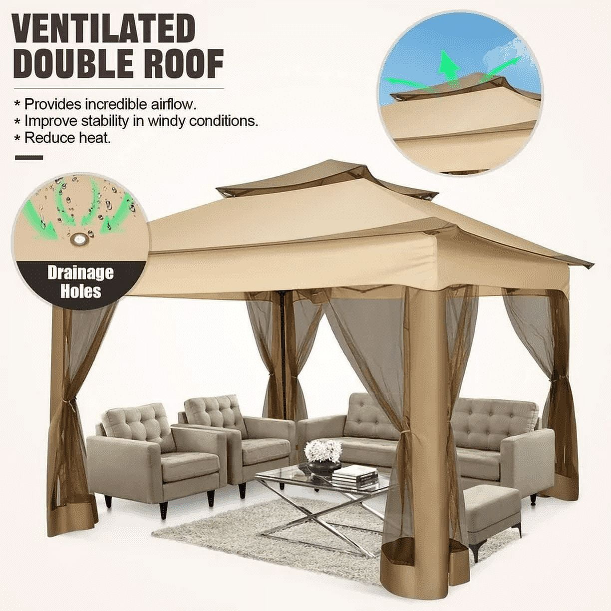11x11 Pop up Gazebo Outdoor Canopy Gazebo Patio Gazebo with Mosquito Netting Canopy Shelter with 121 Square feet of Shade for Poolside, Garden, Party and Backyard, Khaki-Aldronix