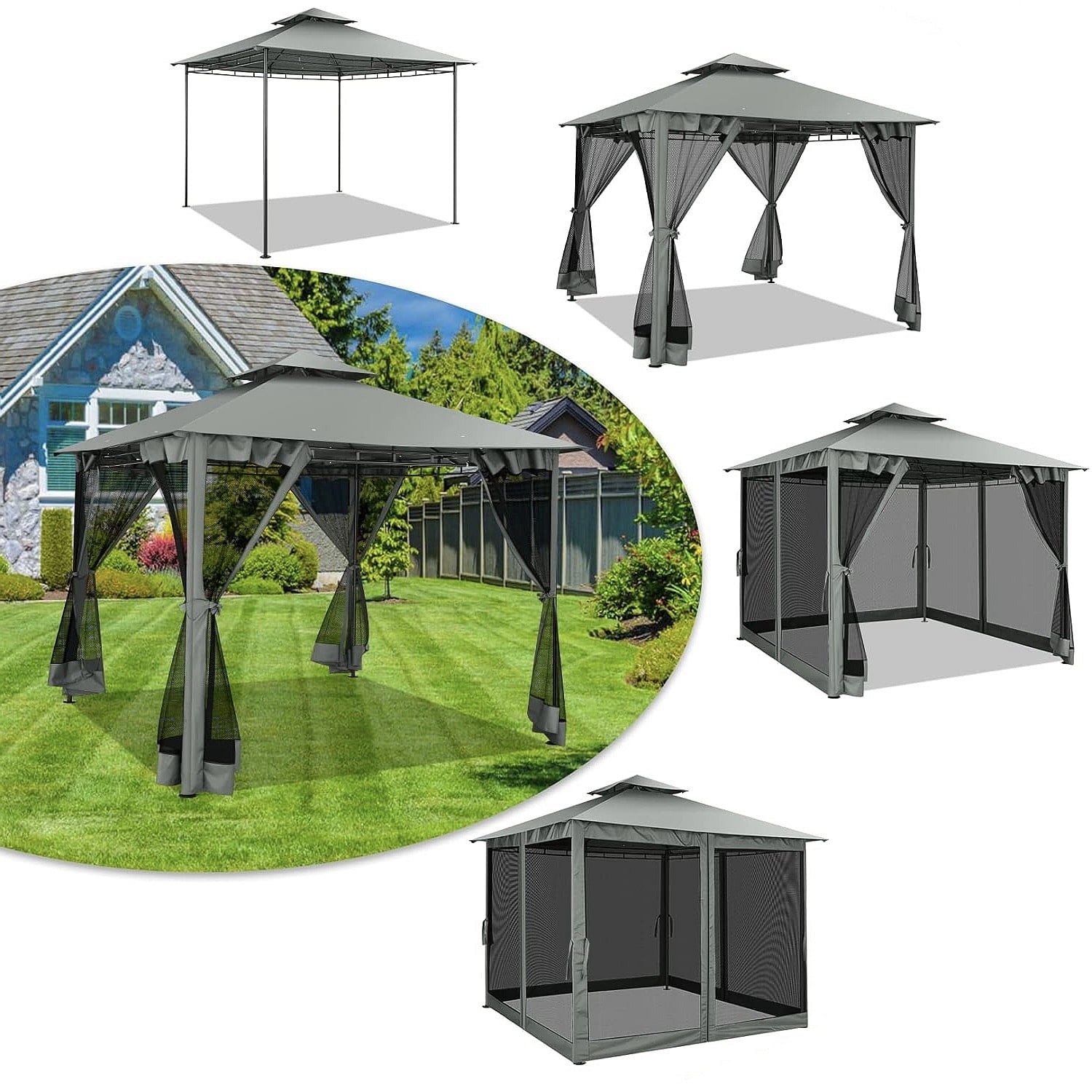 10'x 13' Metal Patio Gazebo, Outdoor Gazebo Canopy Tent for Backyard with Mosquito Netting, Gazebos Shelter with Steel Frame, Patio Covers for Sun and Rain, Brown-Aldronix