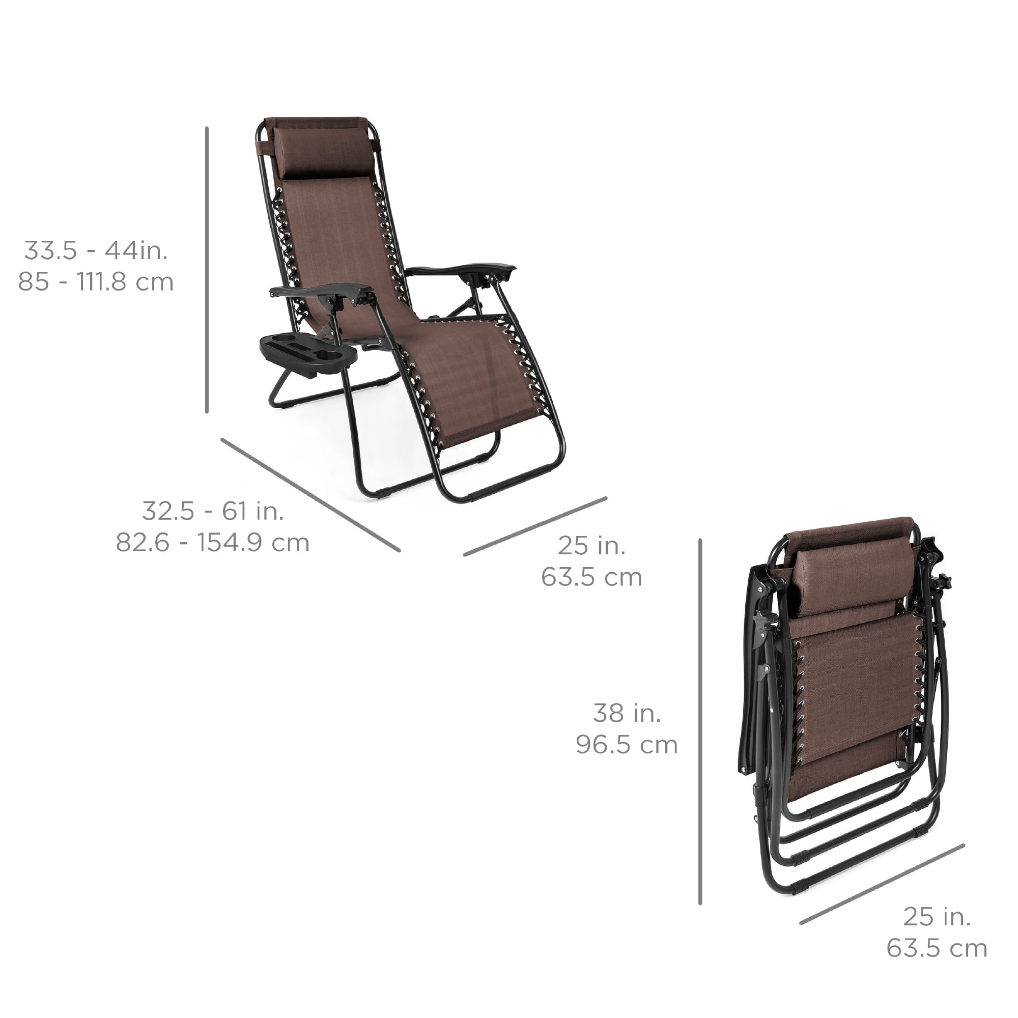 Set of 2 Zero Gravity Lounge Chair Recliners for Patio, Pool w/ Cup Holder Tray - Navy Blue-Aldronix