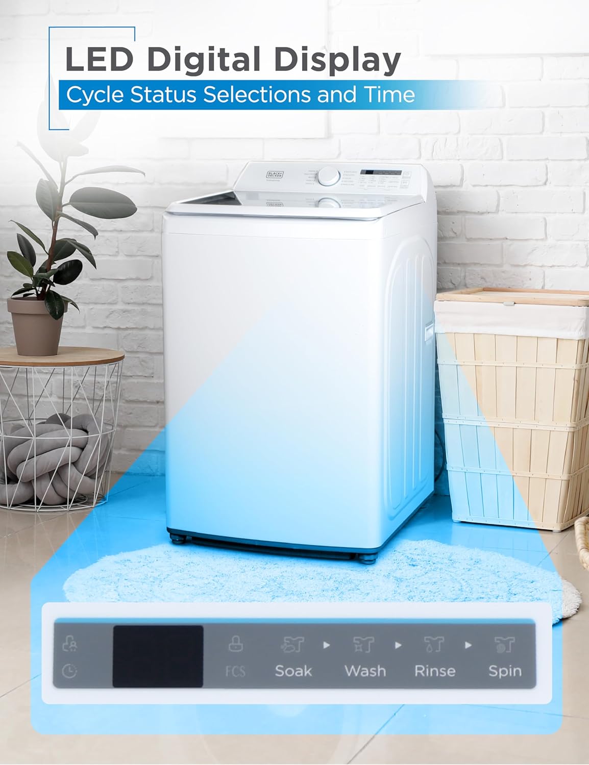 BLACK+DECKER 0.9 Cu. Ft. Portable Washer, 6.6 lb. Capacity Washing Machine for Homes & Apartments, 5 Wash Cycles, Quick Connect Sink Adapter and Drain Hose Included, Transparent Lid, BPWM09W, White-Aldronix