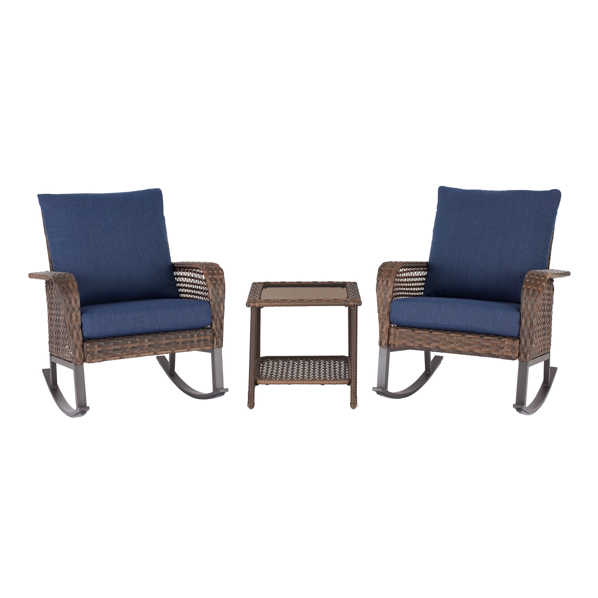 3-Piece Wicker Rocking Chair Outdoor Bistro Set, Blue-Aldronix