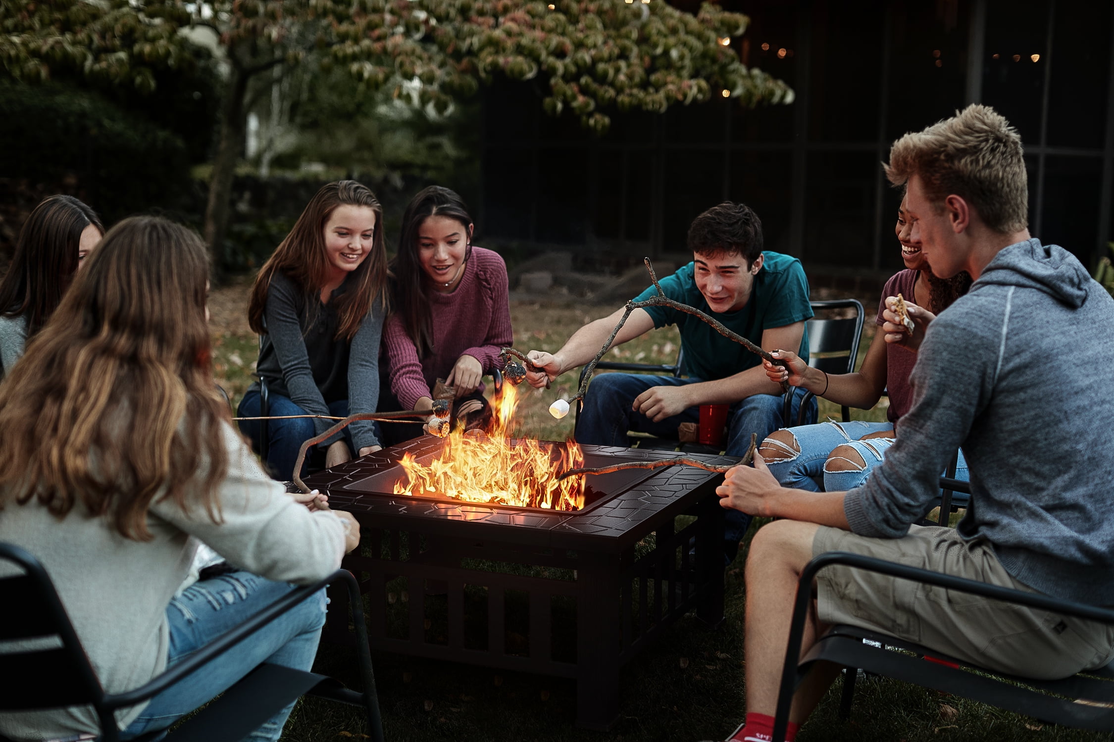 32" Patio Square Fire Pit Table for Patio Backyard BBQ, Ice Storage with Mesh Lid, Poker and Cover, Black-Aldronix