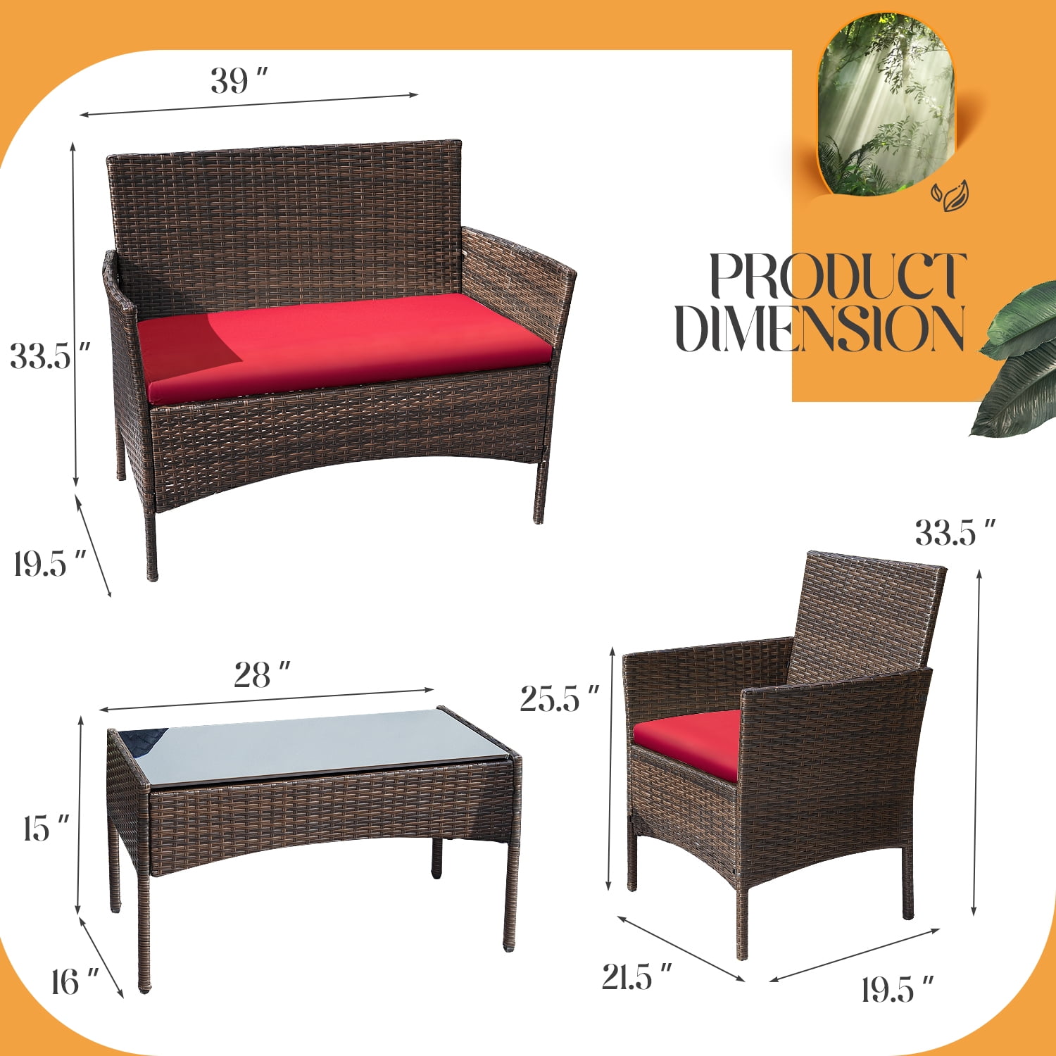 4 Pieces Patio Conversation Set Outdoor PE Rattan Wicker Chairs Set and Table, Brown-Aldronix