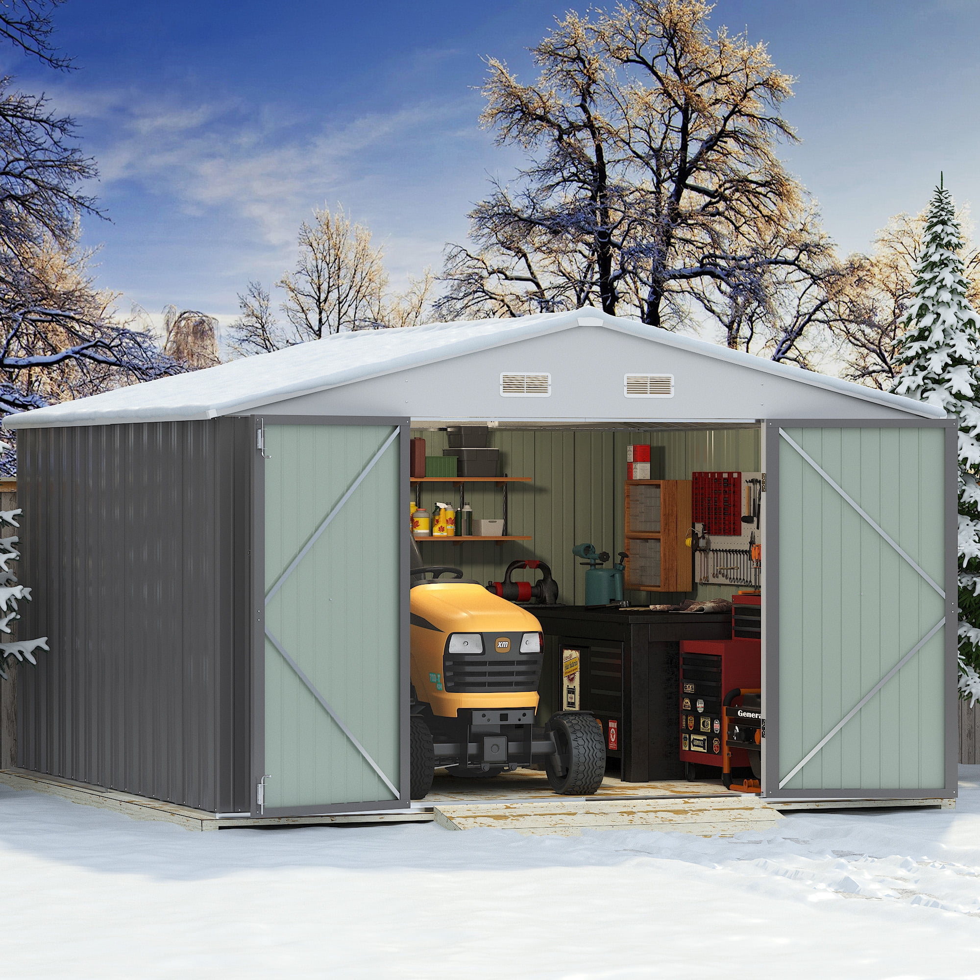 8'x10' Patio Metal Storage Shed Outdoor Storage Shed with Lockable Door Tool Storage Shed for Backyard,Brown-Aldronix