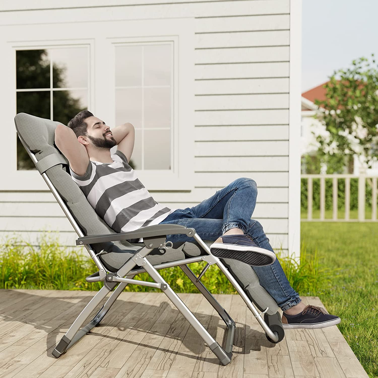 Oversized Zero Gravity Chair 33In XXL Patio Reclining Chair with Cushion, Outdoor Folding Adjustable Recliner with Cup Holder, Foot Rest & Padded Headrest, Support 500LB, Black-Aldronix