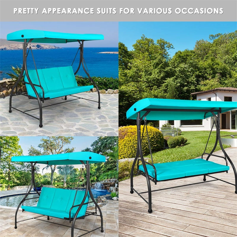 3 Seats Outdoor Patio Porch Swing Chair with Cushion Seat & Adjustable Tilt Canopy-Aldronix