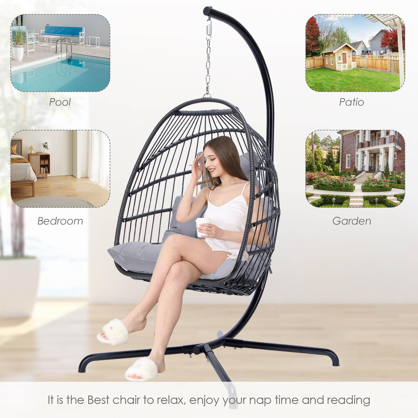 Swing Egg Chair Hanging Chair With Stand Grey Color 350 lbs Maximum Weight Foldable-Aldronix