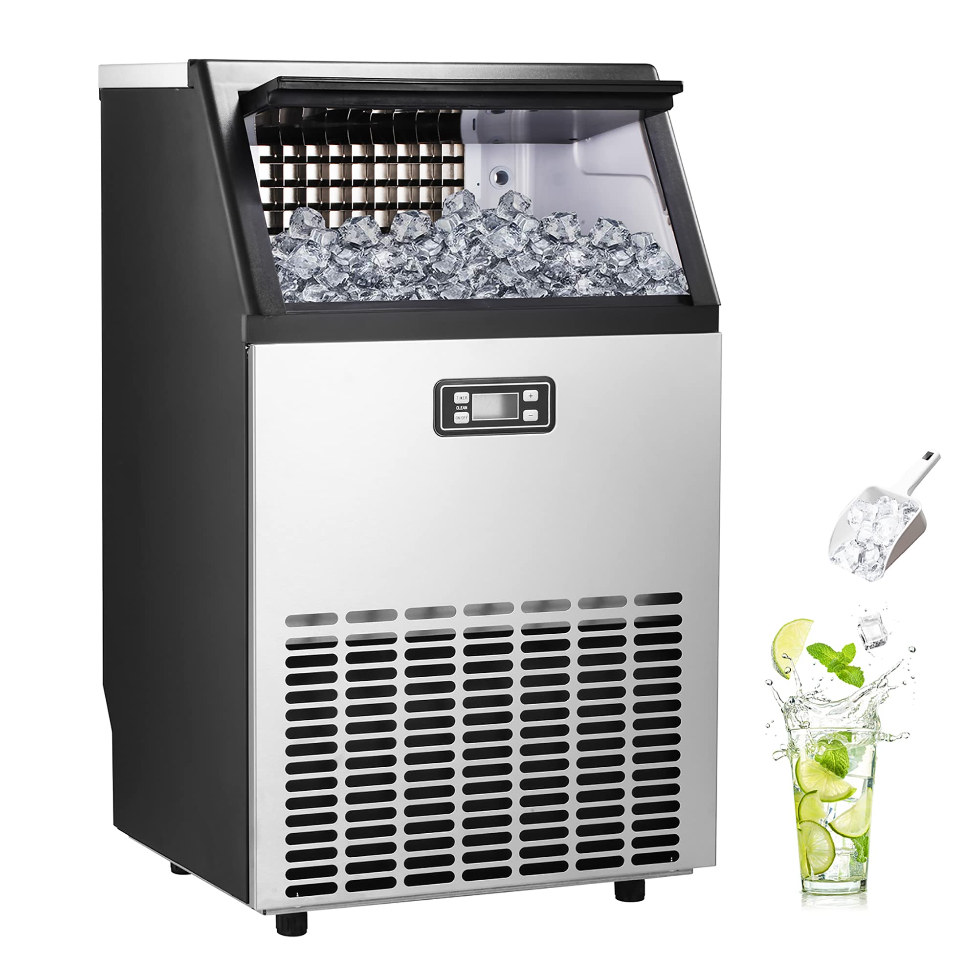 Ice Maker, Commercial Ice Machine,100Lbs/Day, Stainless Steel Ice Machine with 48 Lbs Capacity, Ideal for Restaurant, Bars, Home and Offices, Includes Scoop-Aldronix