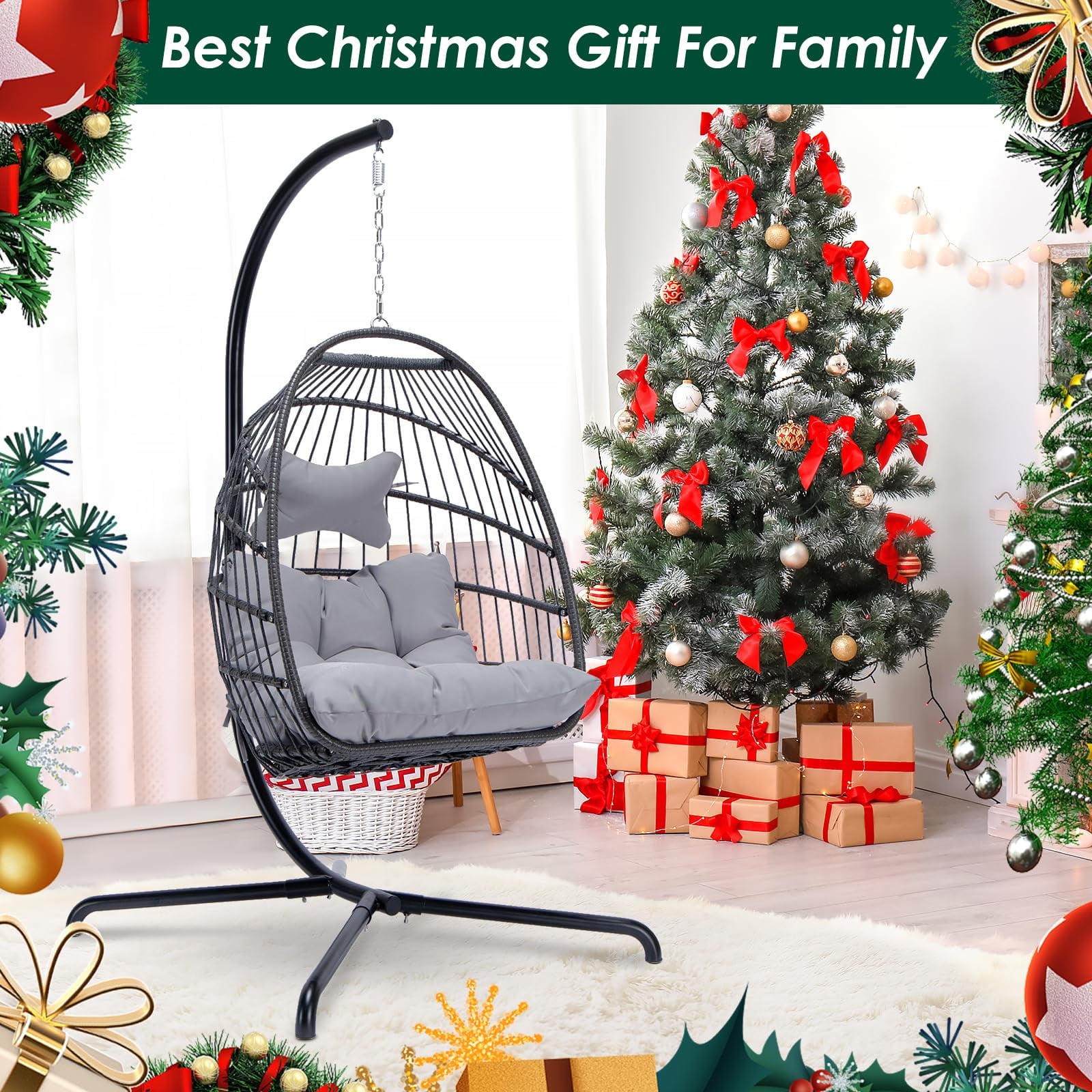 Swing Egg Chair Hanging Chair With Stand Grey Color 350 lbs Maximum Weight Foldable-Aldronix