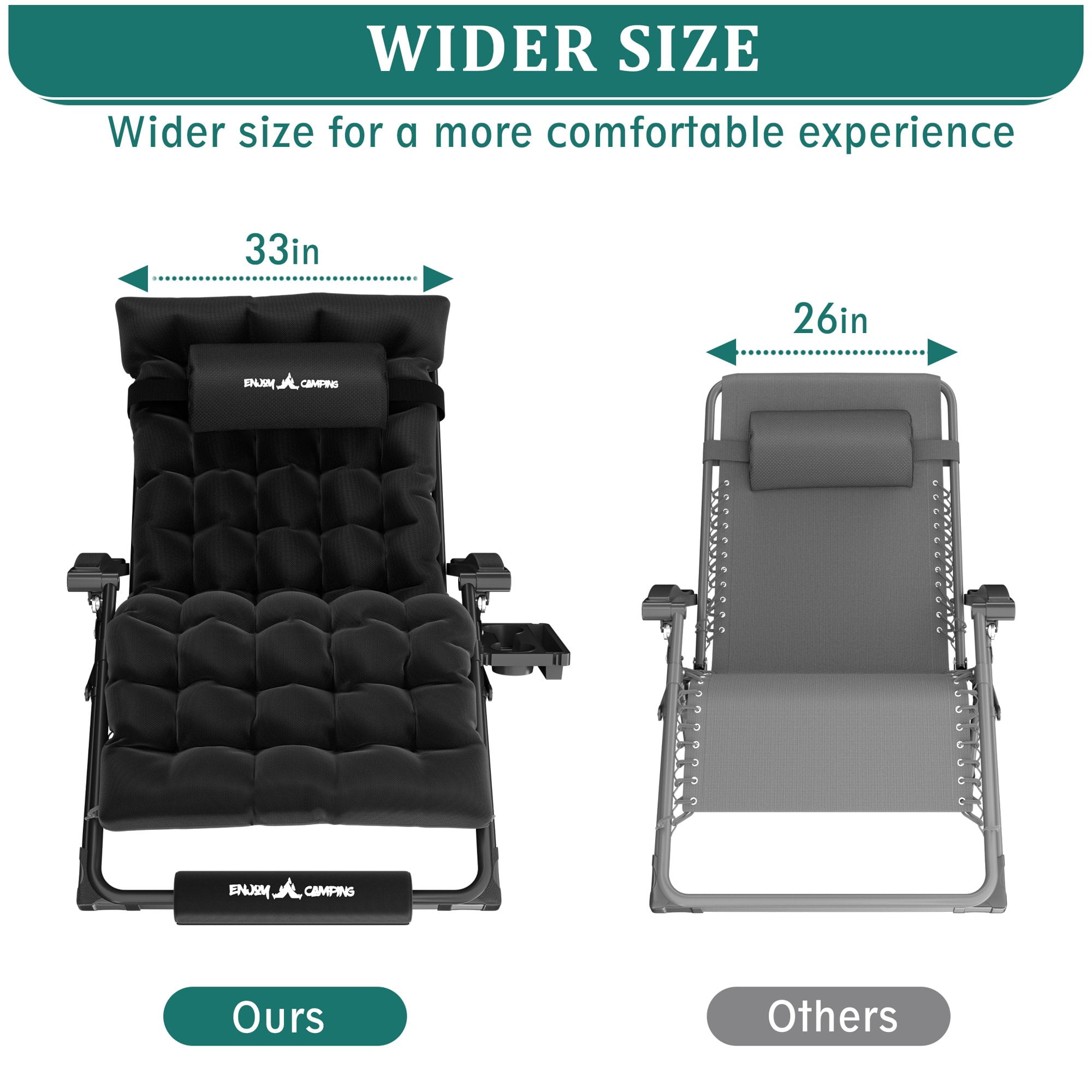 Oversized Zero Gravity Chair 33In XXL Patio Reclining Chair with Cushion, Outdoor Folding Adjustable Recliner with Cup Holder, Foot Rest & Padded Headrest, Support 500LB, Black-Aldronix