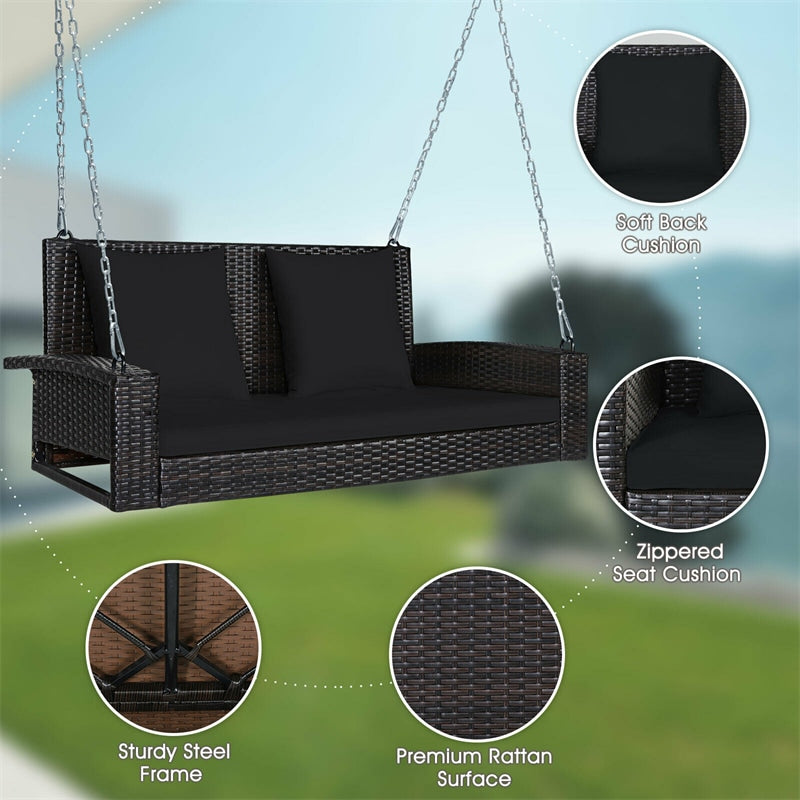 2-Person Outdoor Wicker Hanging Porch Swing Bench with 3 Cushions-Aldronix