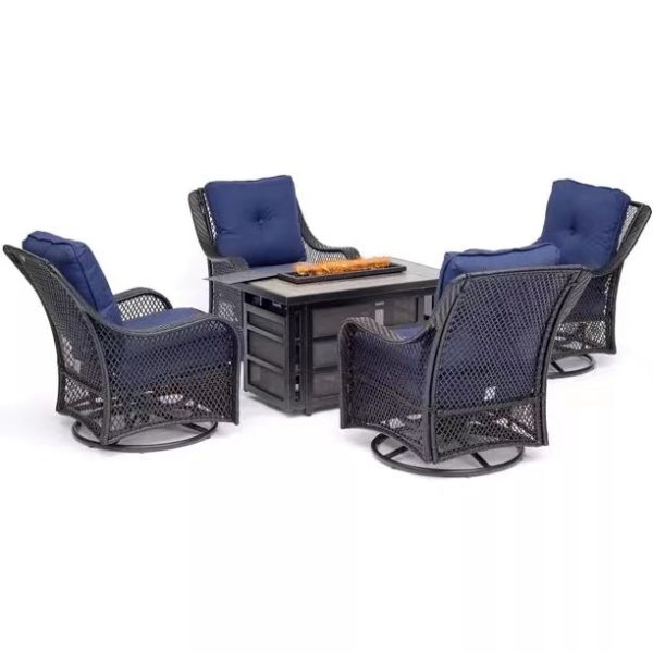 5-Piece Steel Patio Fire Pit Conversation Set with Navy Blue Cushions, Swivel Gliders and Square Fire Pit Table-Aldronix