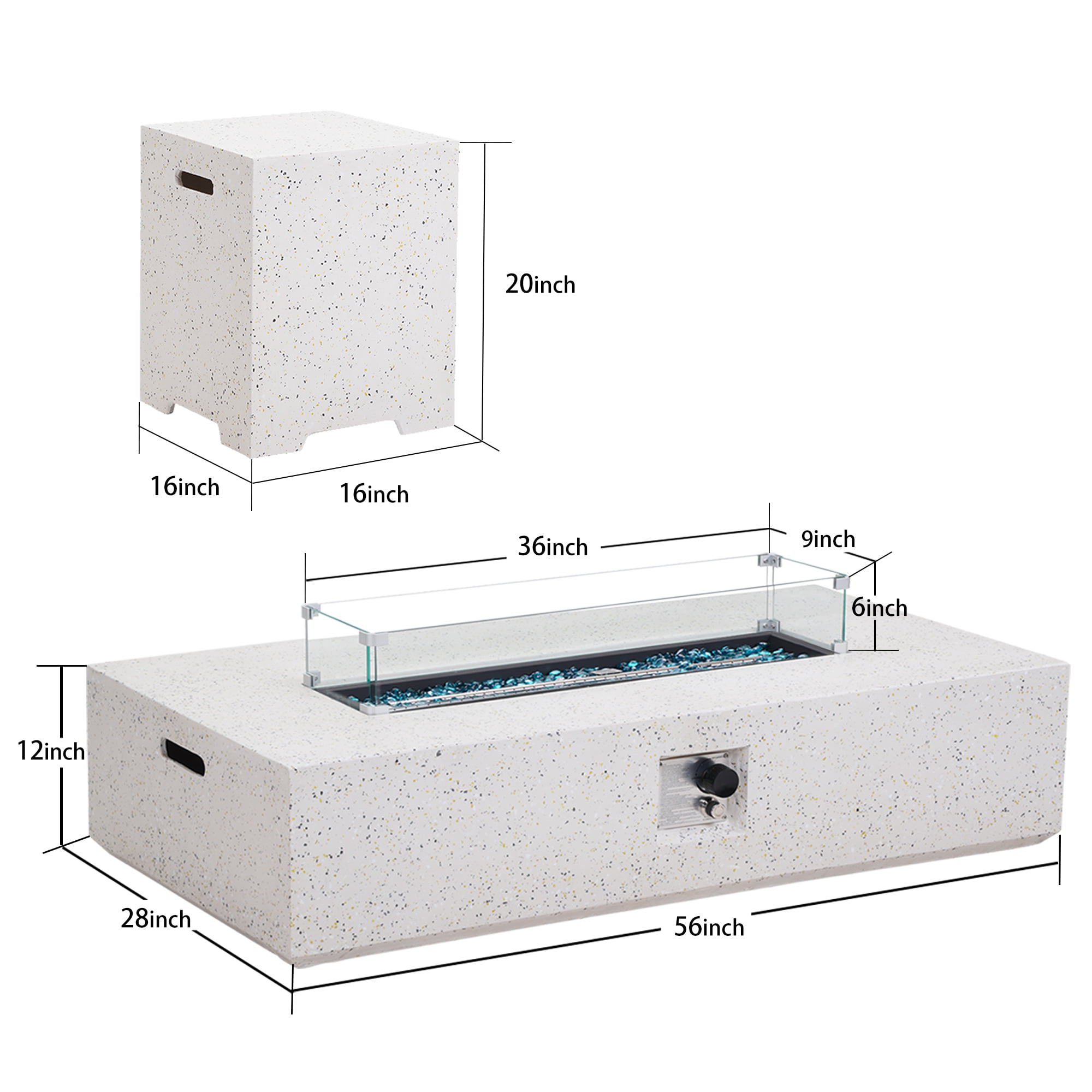 56 inch Concrete Propane Fire Pit Table, 50,000 BTU Outdoor Firepit Rectangular Table with Propane Tank Metal Stand, Fire Glass Beads and Waterproof Cover, White-Aldronix