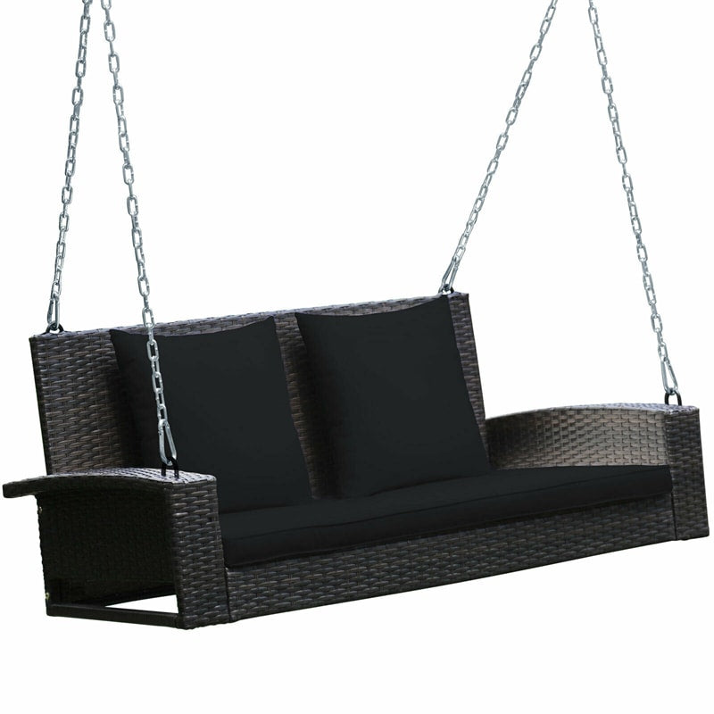 2-Person Outdoor Wicker Hanging Porch Swing Bench with 3 Cushions-Aldronix