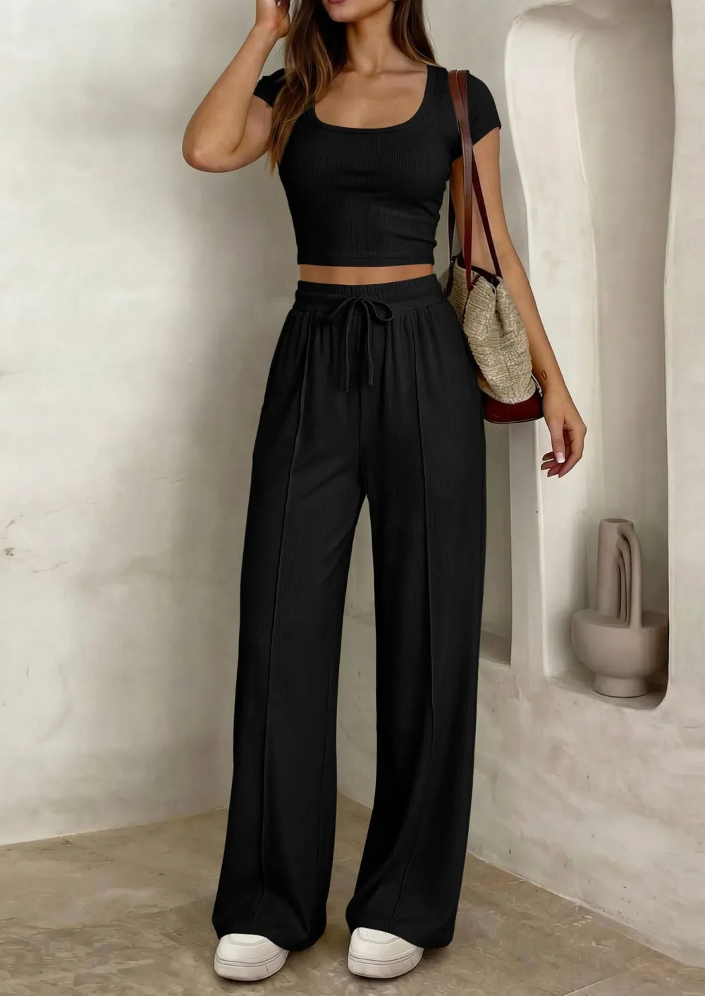 Women's 2 Piece Outfits Square Neck Crop Top High Waist Wide Leg Pants Loungewear Set-Aldronix