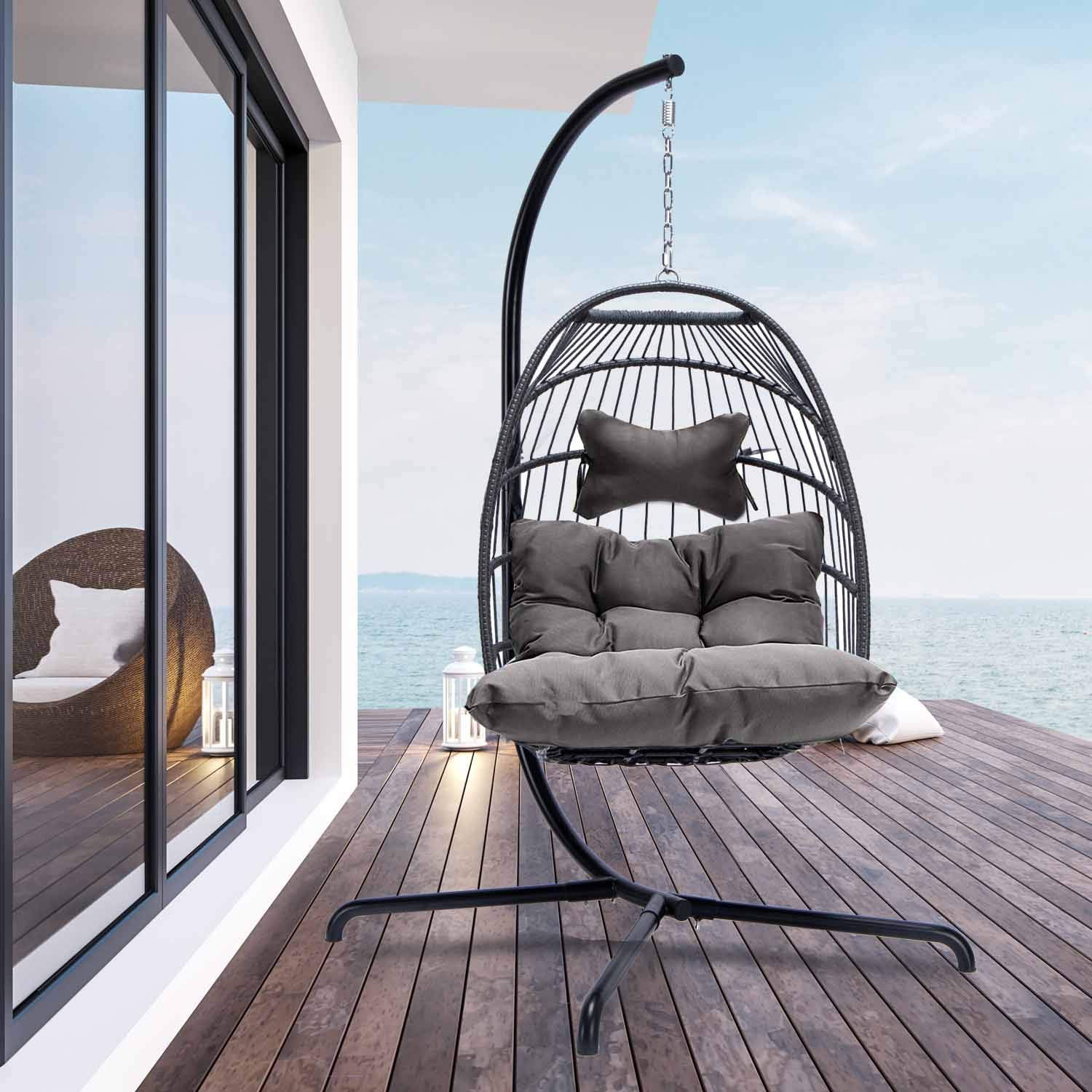 Swing Egg Chair Hanging Chair With Stand Grey Color 350 lbs Maximum Weight Foldable-Aldronix
