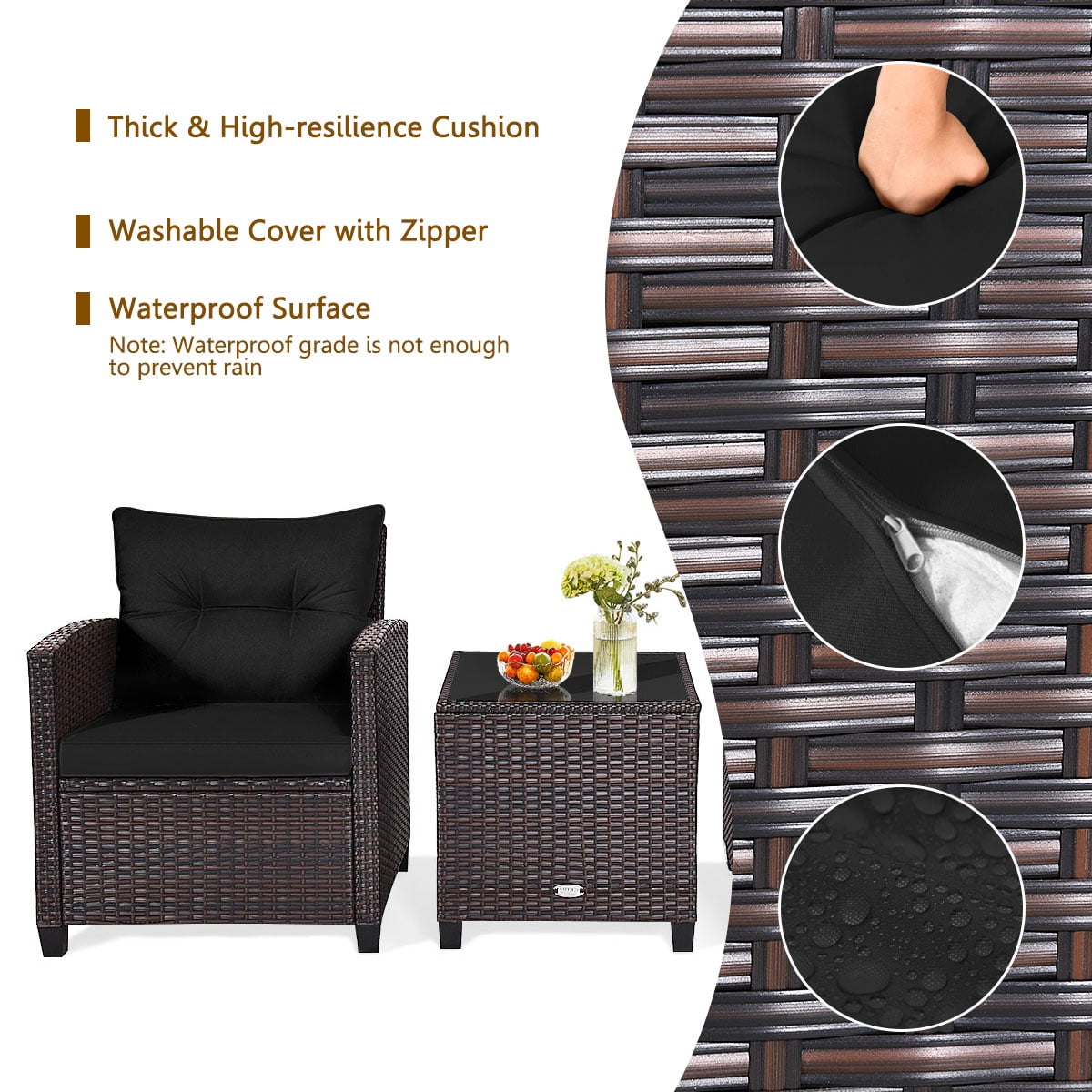 3 Pieces Wicker Cushioned Conversation Set Outdoor Rattan Furniture with Turquoise Cushions-Aldronix