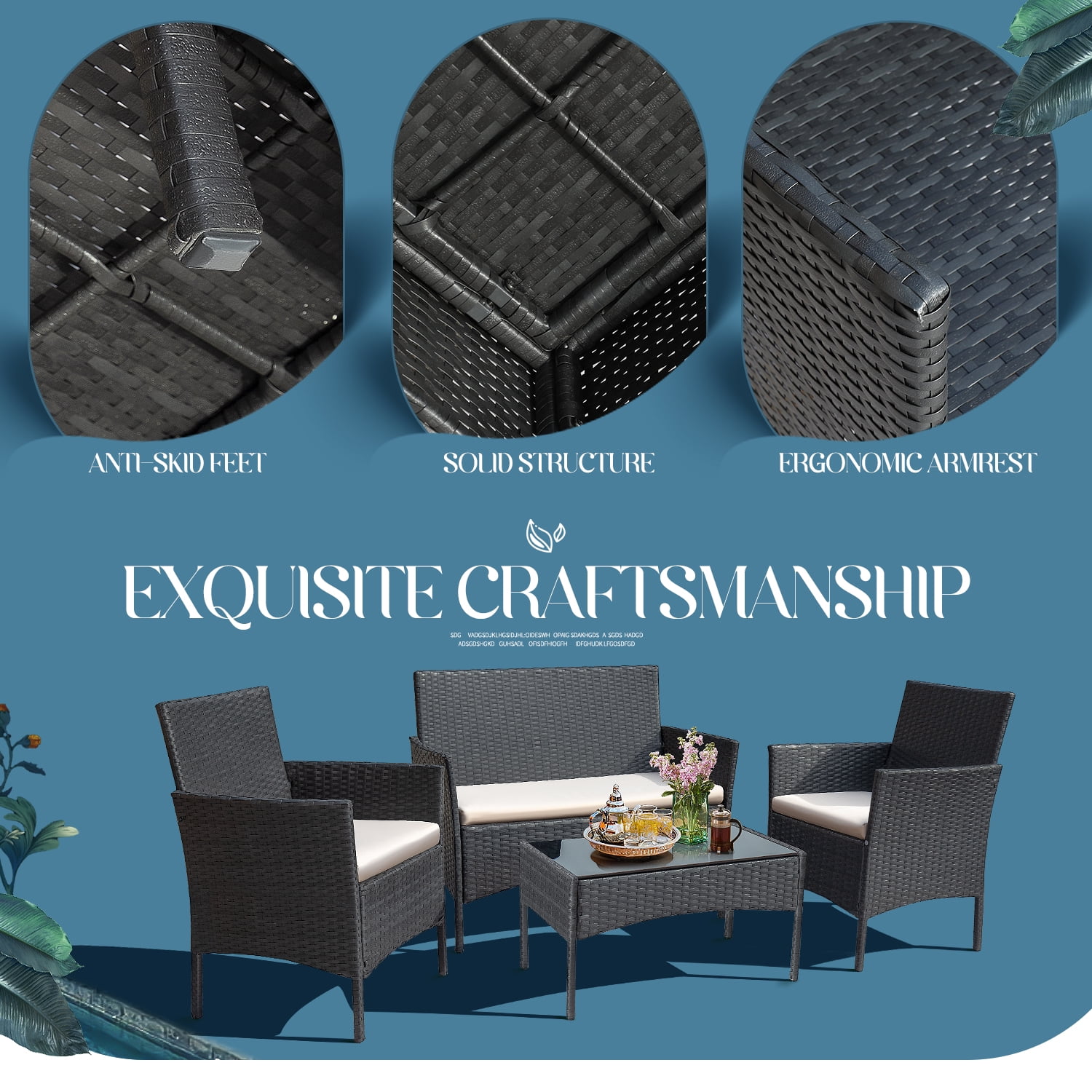 4 Pieces Patio Conversation Set Outdoor PE Rattan Wicker Chairs Set and Table, Brown-Aldronix