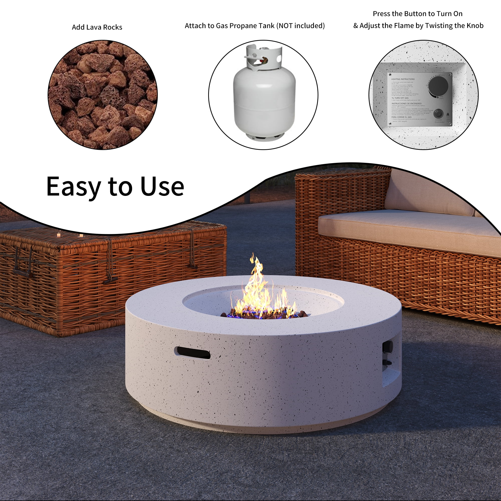 36" Propane Fire Pit 40,000 BTU Outdoor Round Fire Pits with Cover and Pulse Ignition, Outdoor Heating for Patio Garden Backyard,White-Aldronix