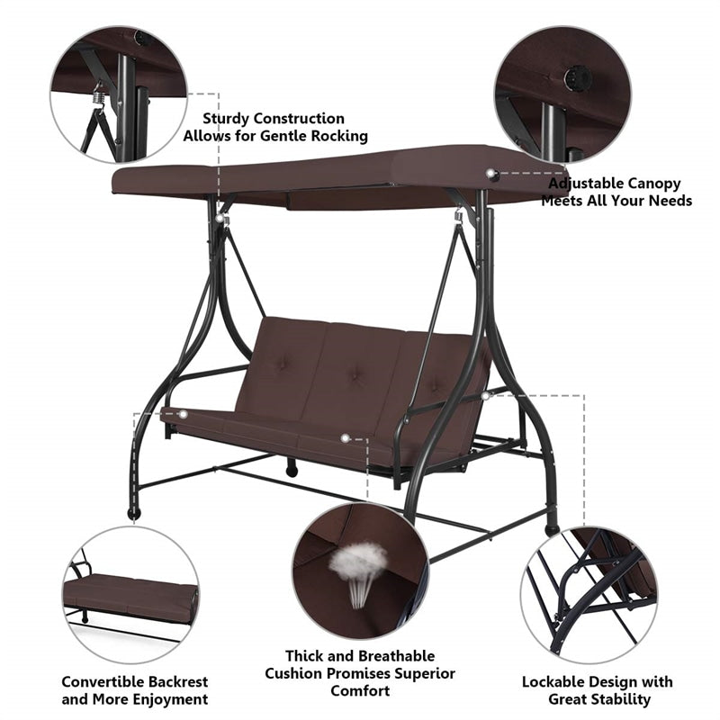 3 Seats Outdoor Patio Porch Swing Chair with Cushion Seat & Adjustable Tilt Canopy-Aldronix