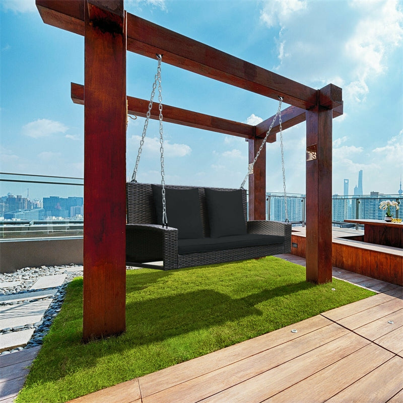 2-Person Outdoor Wicker Hanging Porch Swing Bench with 3 Cushions-Aldronix