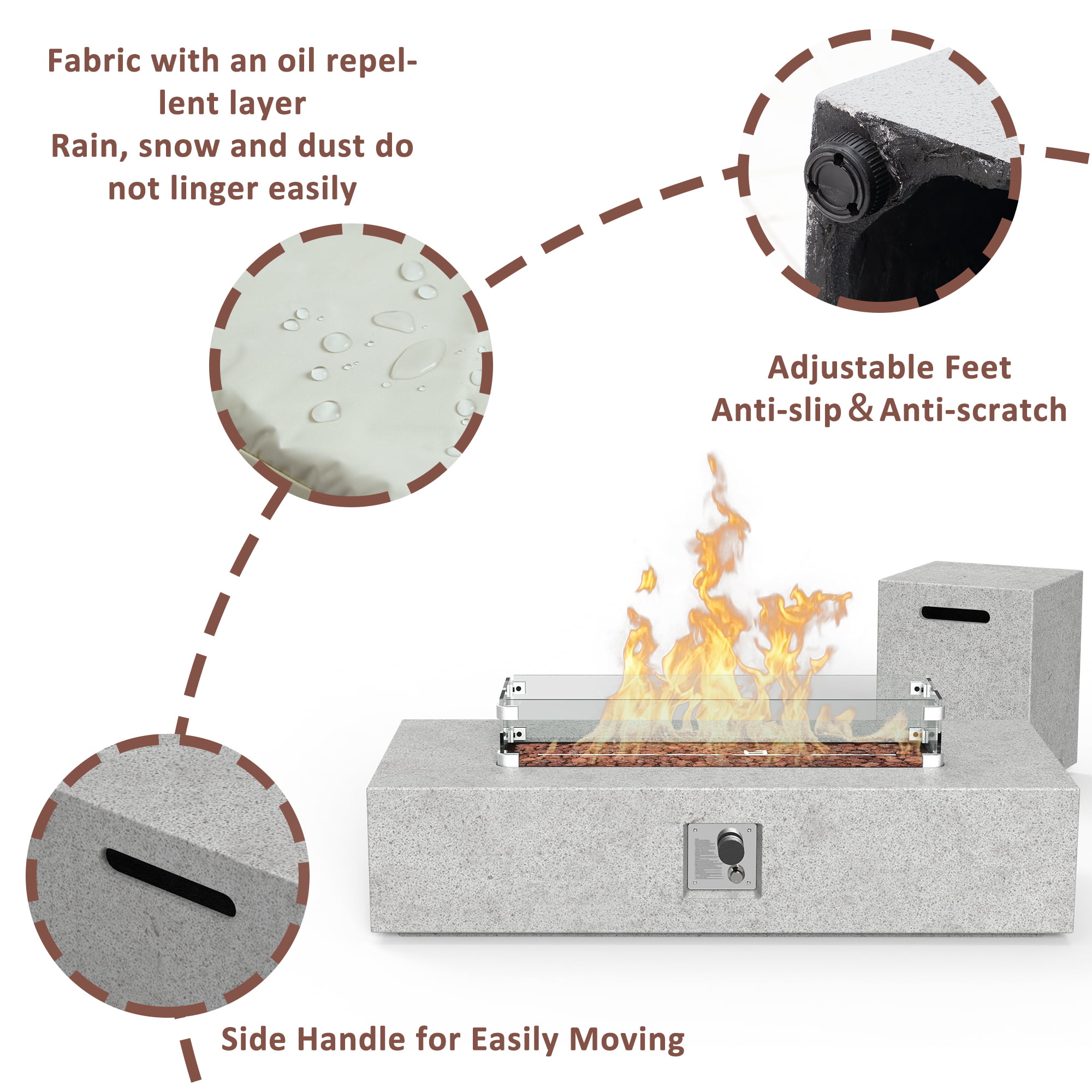 56 inch Concrete Propane Fire Pit Table, 50,000 BTU Outdoor Firepit Rectangular Table with Propane Tank Metal Stand, Fire Glass Beads and Waterproof Cover, White-Aldronix