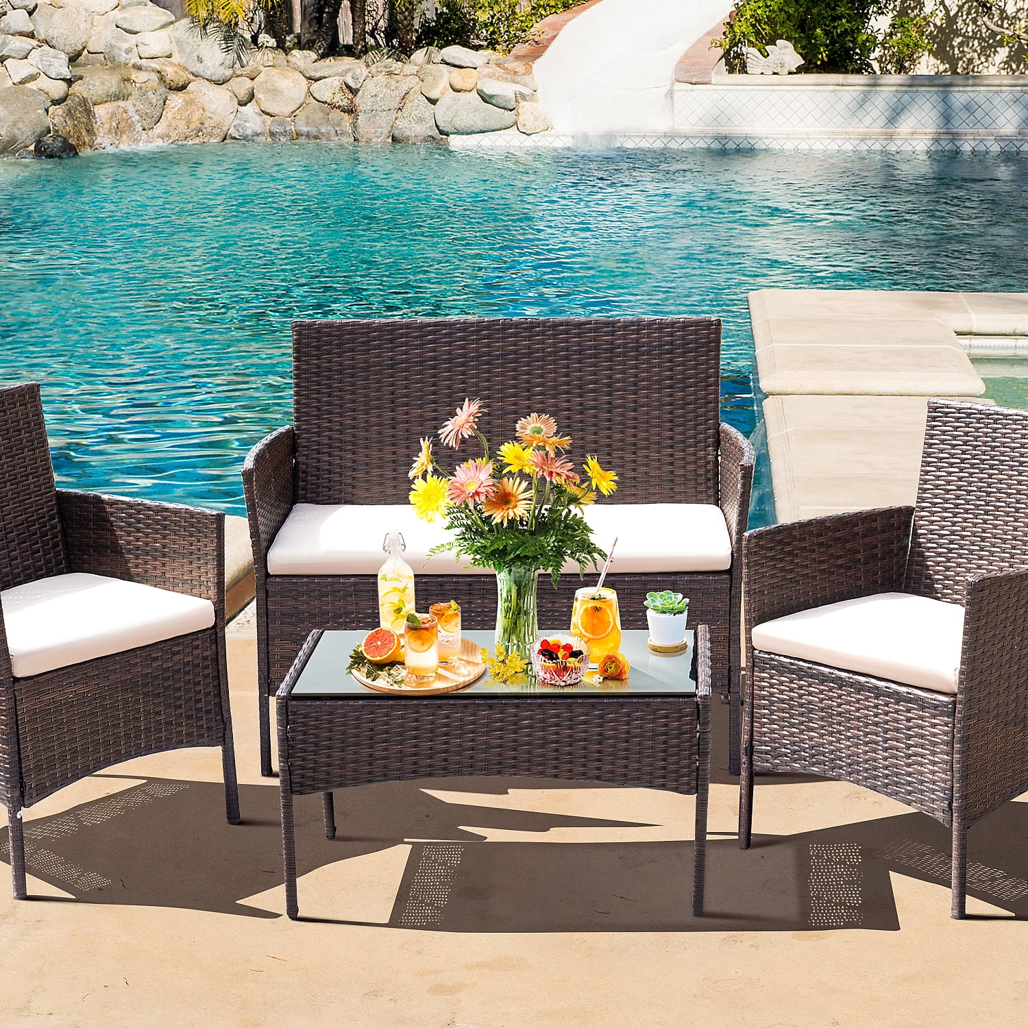 4 Pieces Patio Conversation Set Outdoor PE Rattan Wicker Chairs Set and Table, Brown-Aldronix