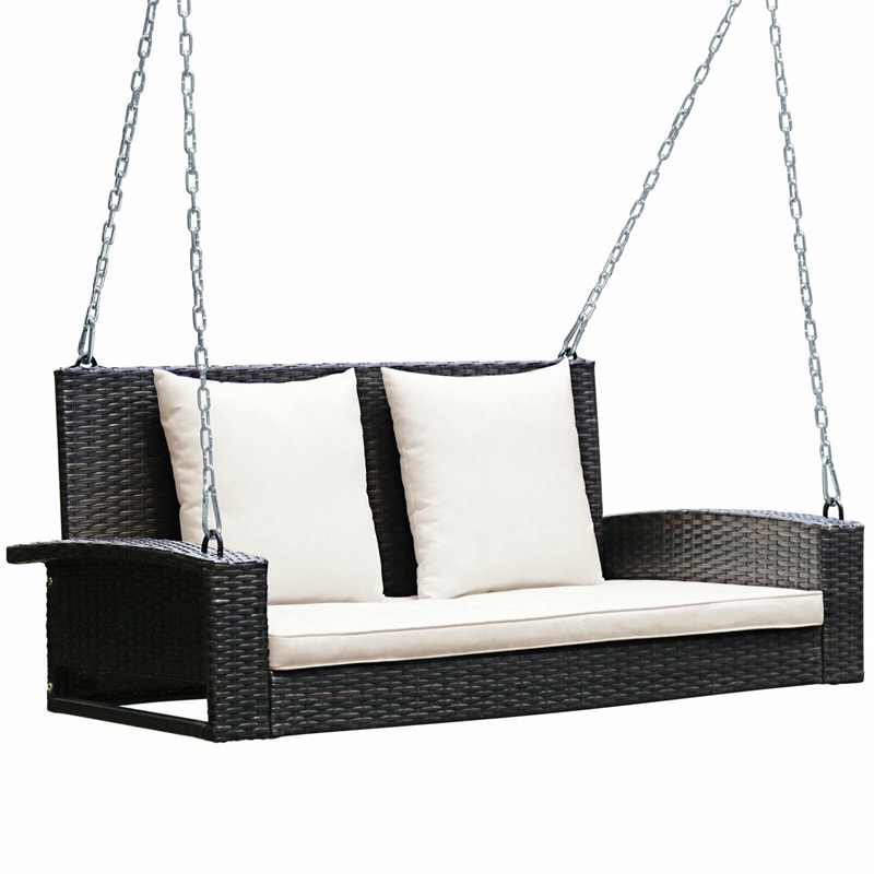 2-Person Outdoor Wicker Hanging Porch Swing Bench with 3 Cushions-Aldronix