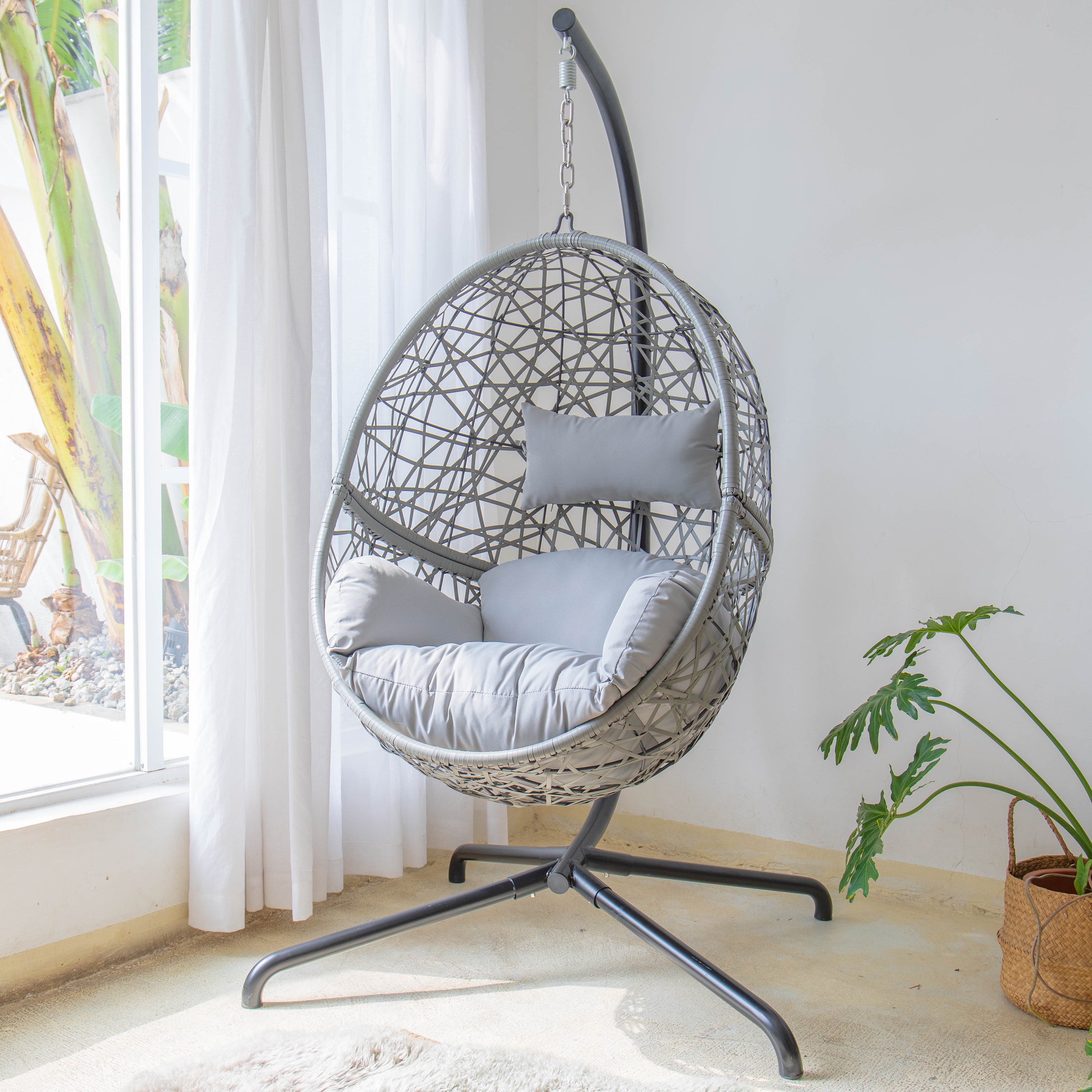 IN STOCK Grey hanging egg chair wicker hammock garden swing seat-Aldronix